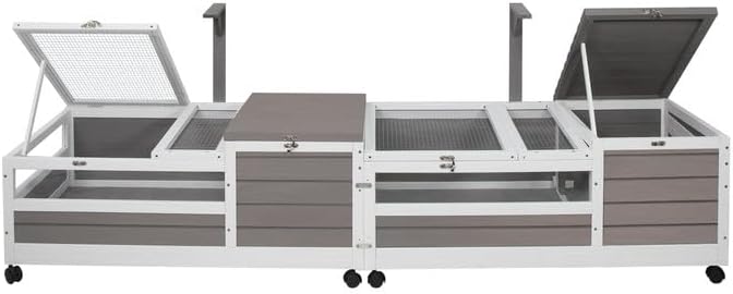 Tortoise Habitat Tank Indoor Outdoor, Wooden Tortoise House with Detachable Legs, 2-Room Reptile Turtle Enclosure Cage for Small Animals, Lamp Holder, Leakproof Tray, Grey