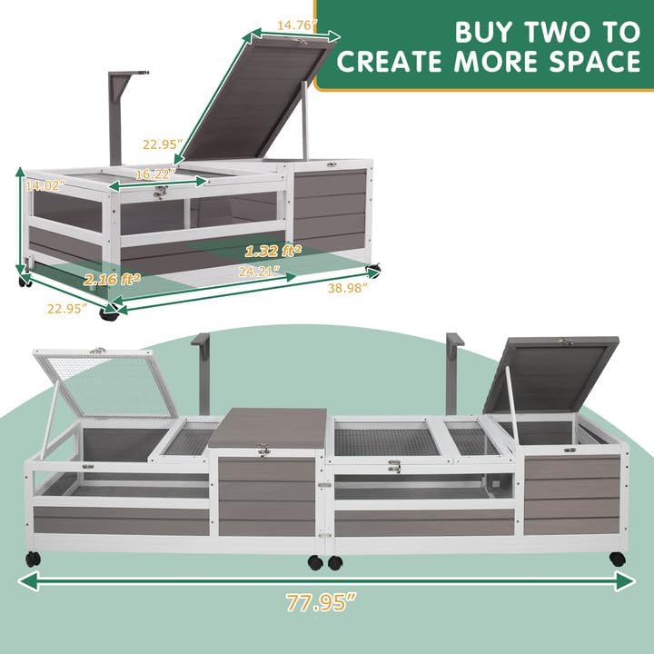 Tortoise Habitat Tank Indoor Outdoor, Wooden Tortoise House with Detachable Legs, 2-Room Reptile Turtle Enclosure Cage for Small Animals, Lamp Holder, Leakproof Tray, Grey