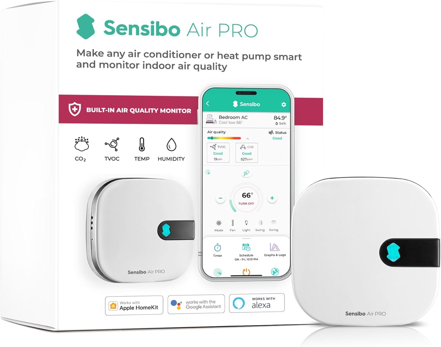 Sensibo Air PRO - Air Conditioner Smart Controller & Air Quality Sensor. Smart Thermostat for Mini Split, Window, Portable AC. Temp & Humidity Sensors. Google, Alexa, Siri & Apple HomeKit Compatible