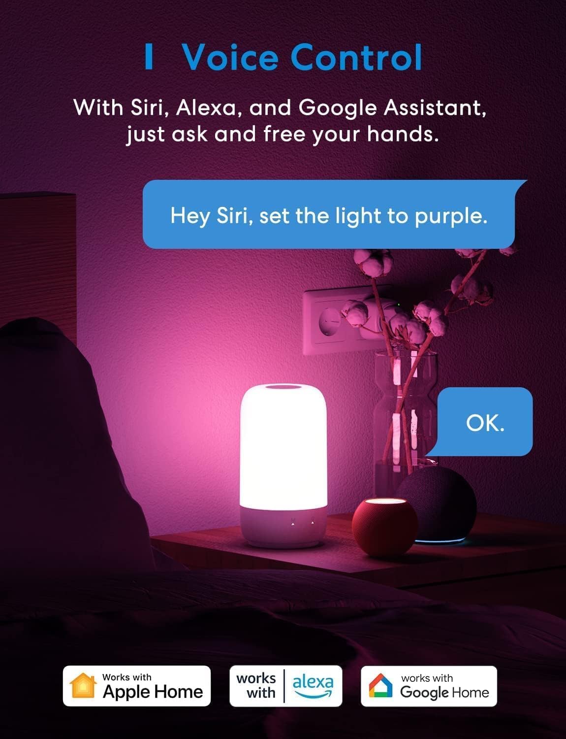 meross Smart Table Lamp for Bedroom, Bedside Lamp Support Apple Homekit and Alexa,Tunable White & Multi-Color, WiFi LED Nightstand Lamp,Touch Control, Voice and APP Control