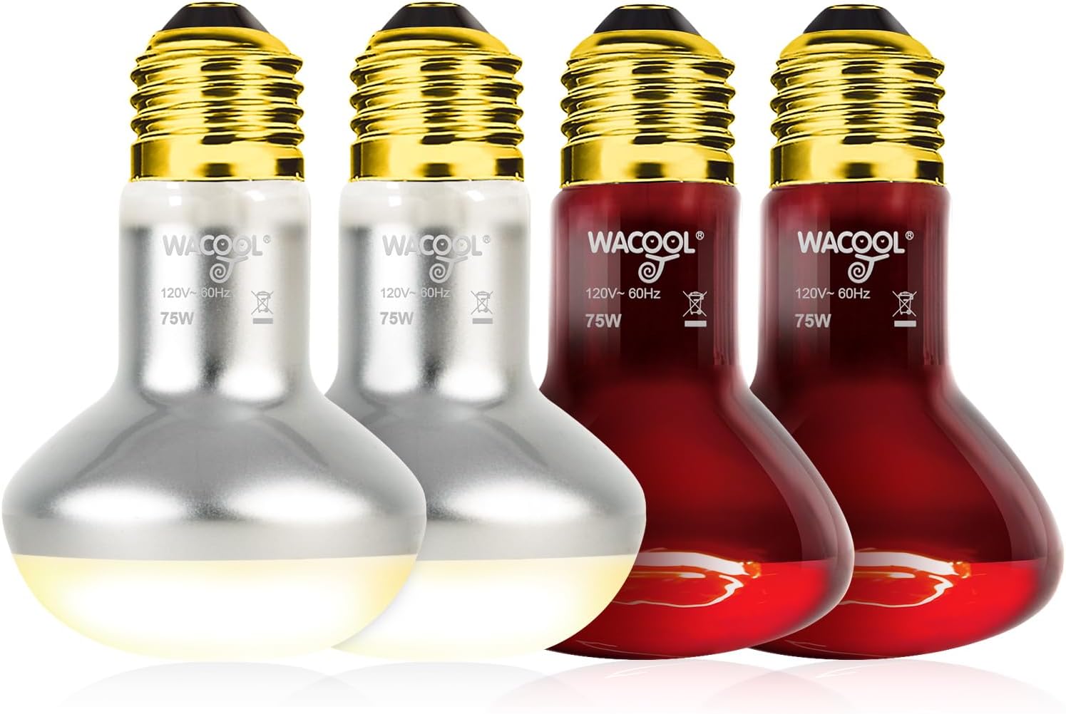 WACOOL 4Pack Reptile Heat Lamp Day & Night Kit 75W, Nature Simulated Basking Daylight & Nightlight UVA Heat Lamp Bulbs for Reptiles & Amphibians