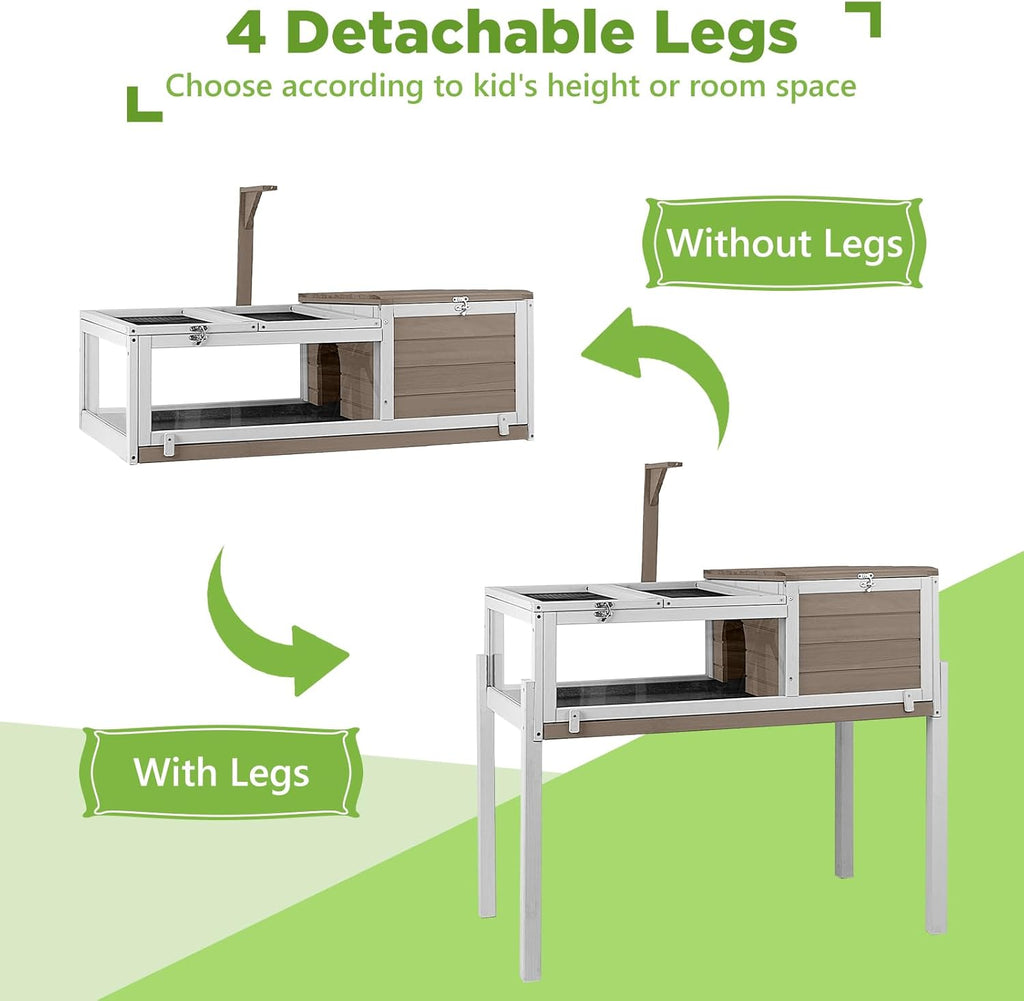 Standing Tortoise Habitat with Lamp Holder in Indoor & Outdoor, Wooden Turtle Enclosure Table with Detachable Legs, Leakproof Tray, Openable Roof for Tortle, Lizard, Chameleon, Grey