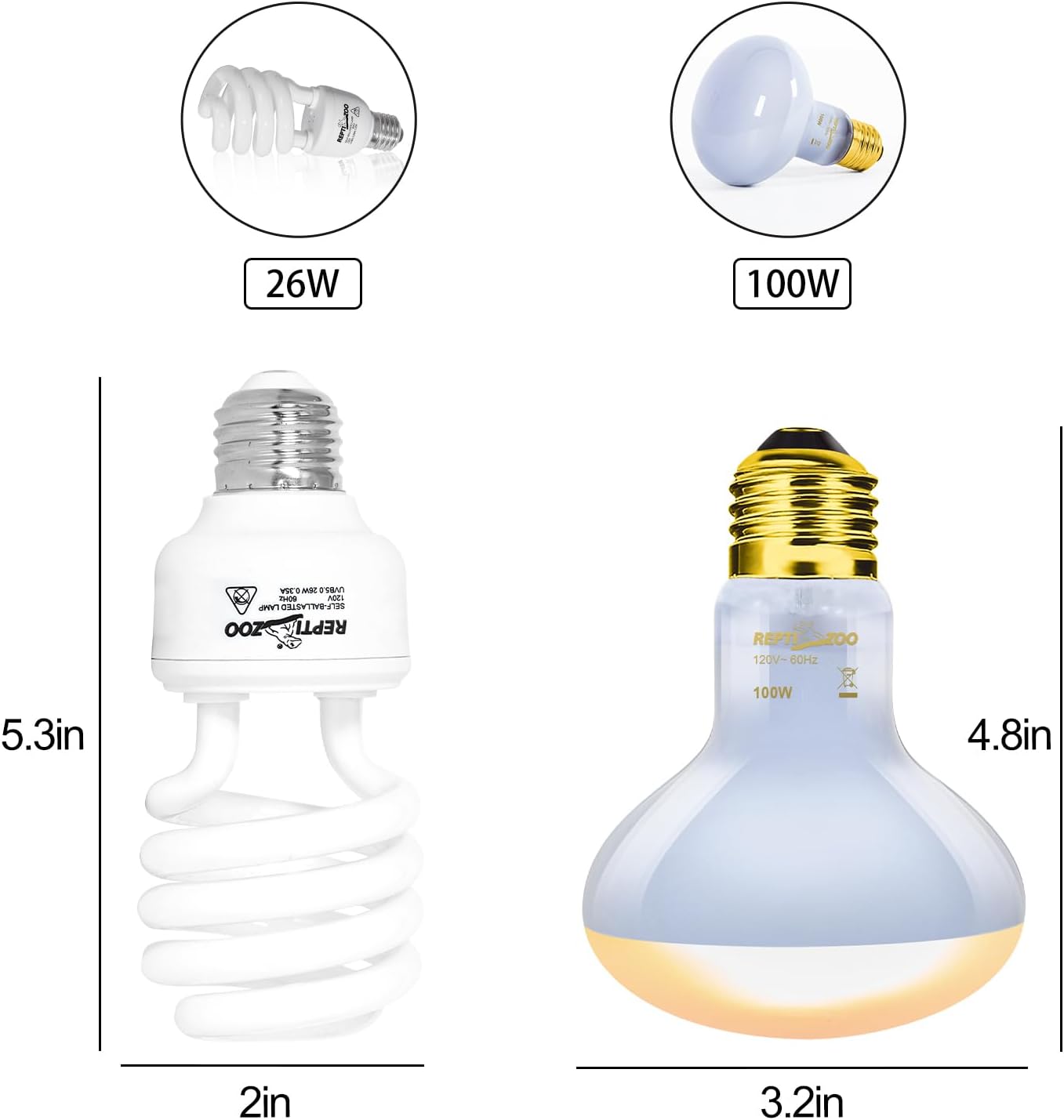 REPTI ZOO Dual Reptile Light Fixture Reptile Heat Lamp Combo Pack, 100W UVA Daylight Basking Spot Light and 26W UVA UVB Reptile Light Energy Saving Spiral Compact Lamp UVB Bulb 5.0