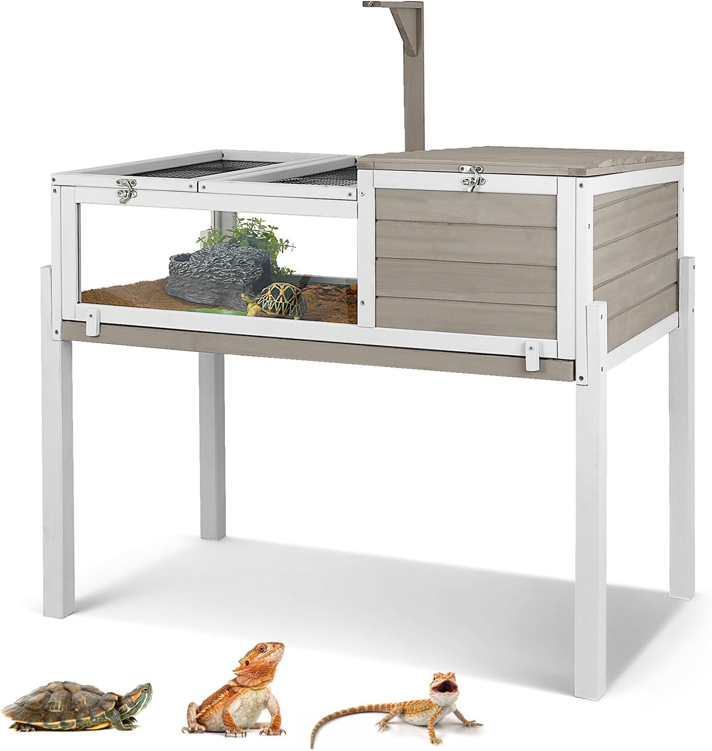 Standing Tortoise Habitat with Lamp Holder in Indoor & Outdoor, Wooden Turtle Enclosure Table with Detachable Legs, Leakproof Tray, Openable Roof for Tortle, Lizard, Chameleon, Grey