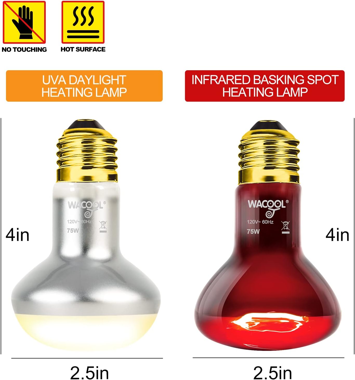 WACOOL 4Pack Reptile Heat Lamp Day & Night Kit 75W, Nature Simulated Basking Daylight & Nightlight UVA Heat Lamp Bulbs for Reptiles & Amphibians