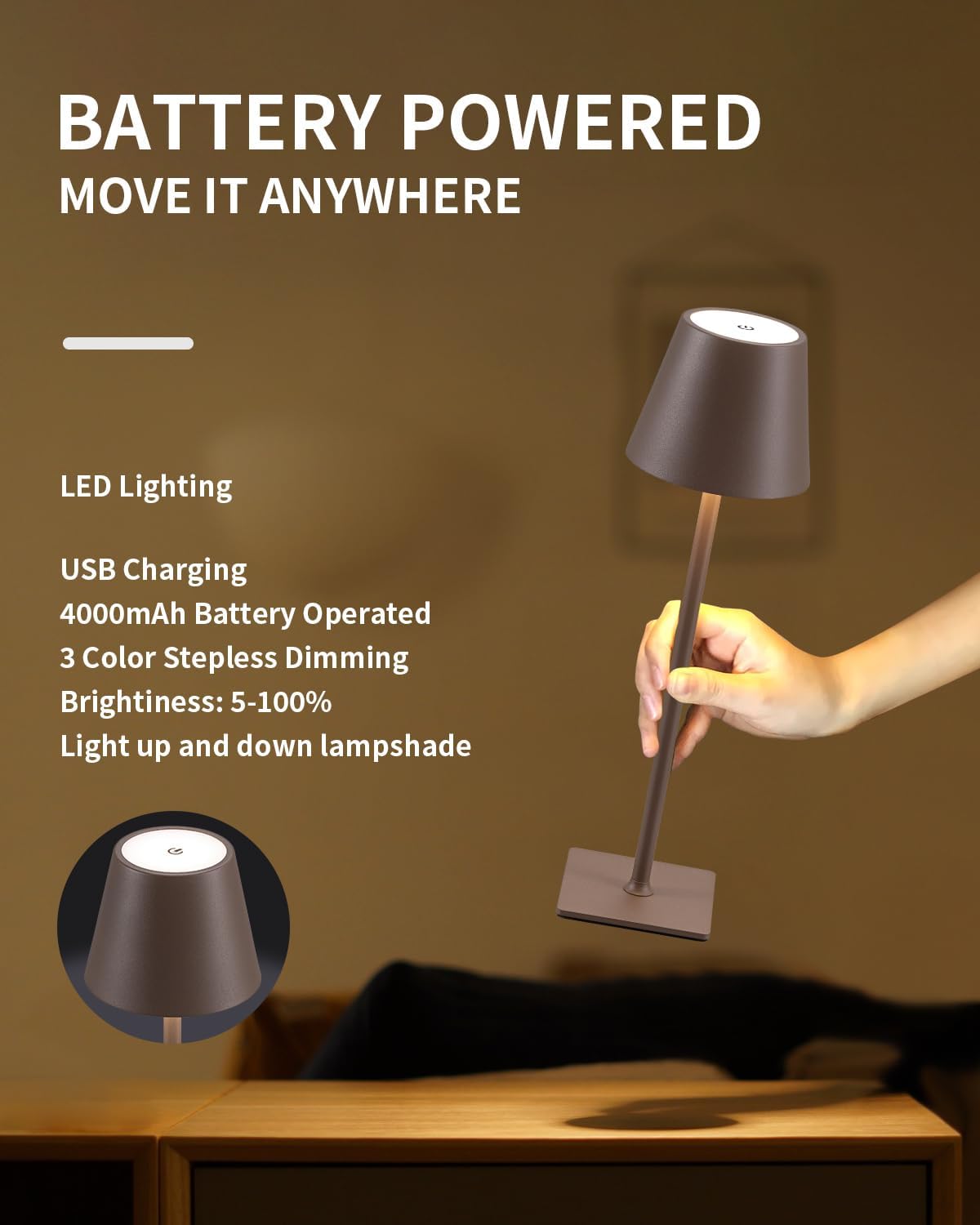 KDG 2 Pack Cordless Table Lamp,Portable LED Desk Lamp, 4000mAh Battery Operated, 3 Color Stepless Dimming Up, for Restaurant/Bedroom/Bars/Outdoor Party/Camping/Coffee Shop Night Light(Brown)
