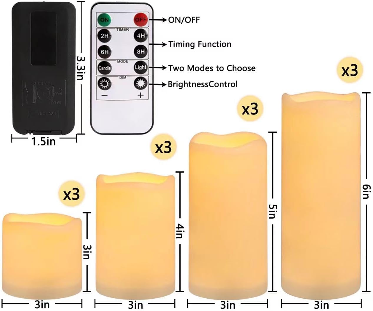Flameless Battery Operated Outdoor Waterproof Set of 12(D: 3" x H: 3" 4" 5" 6") Pillar LED Candles with 10-Key Remote and Cycling 24 Hours Timer