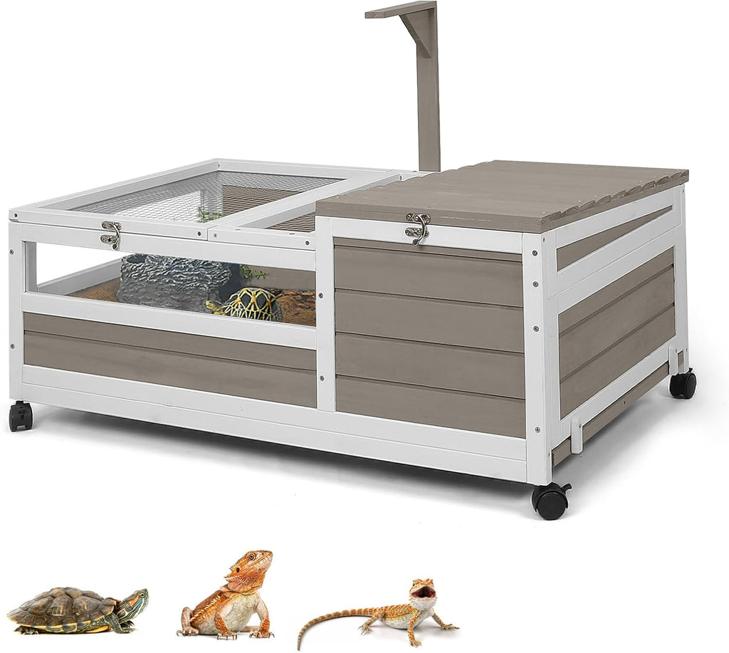 Tortoise Habitat with Lamp Holder in Indoor & Outdoor, Wooden Extensible Turtle Enclosure Table with 4 360° Lockable Wheels, Leakproof Tray, Openable Roof for Tortle, Lizard, Chameleon