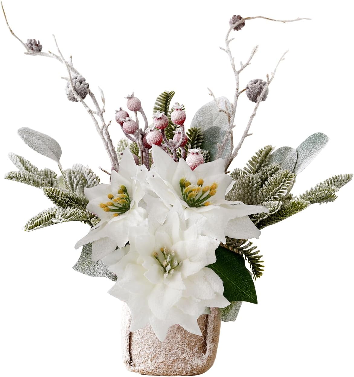 Artificial Poinsettias Christmas Flowers with Red Berry Pine Cone Branches Linen Base,12” Faux Poinsettias Plants for Home Office Table Fireplace Winter Indoor Christmas Decorations White