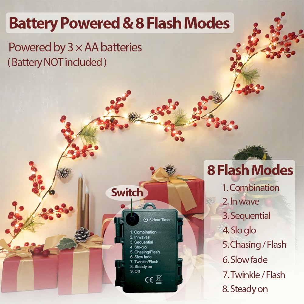 6.56FT Christmas Garland Decorations Red Berry Garlands with Lights 96 Fairy LED Lights Lighted Pine Garland for Mantle Fireplace Table Stairs Railing Xmas Tree Indoor Outdoor Winter Holiday Decor