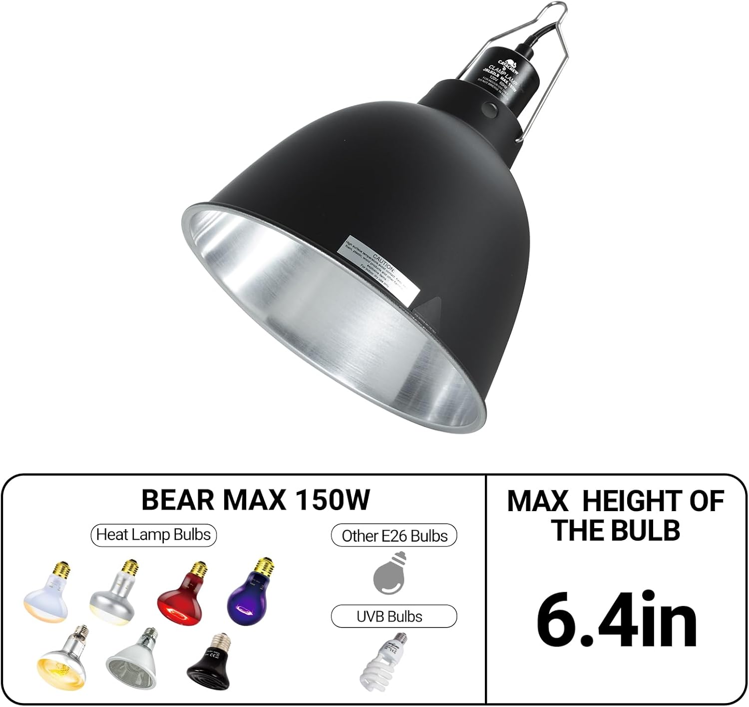 Reptile Light Fixture, 8.1in Deep Dome Reptile Heat Lamp Fixture with Switch, Terrarium UVB Basking Light Fixture for Bearded Dragon Snake Chameleon Lizard, Suitable for E26 Bulbs Up to 150W