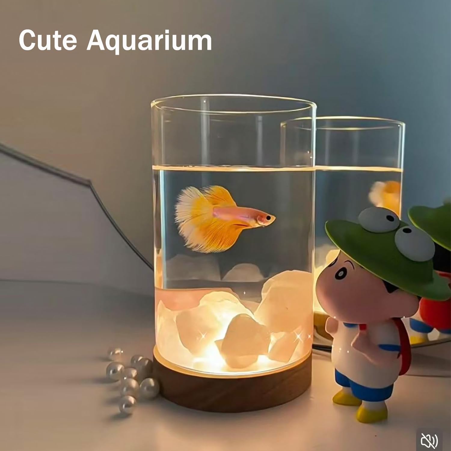 Small Betta Fish Tank with Warm Light & Decor, 0.4 Gallon Clear Glass Aquarium/Vase/Hydroponic Plant Terrarium, Complete Starter Kit for Desk, Ideal Gift for Kids