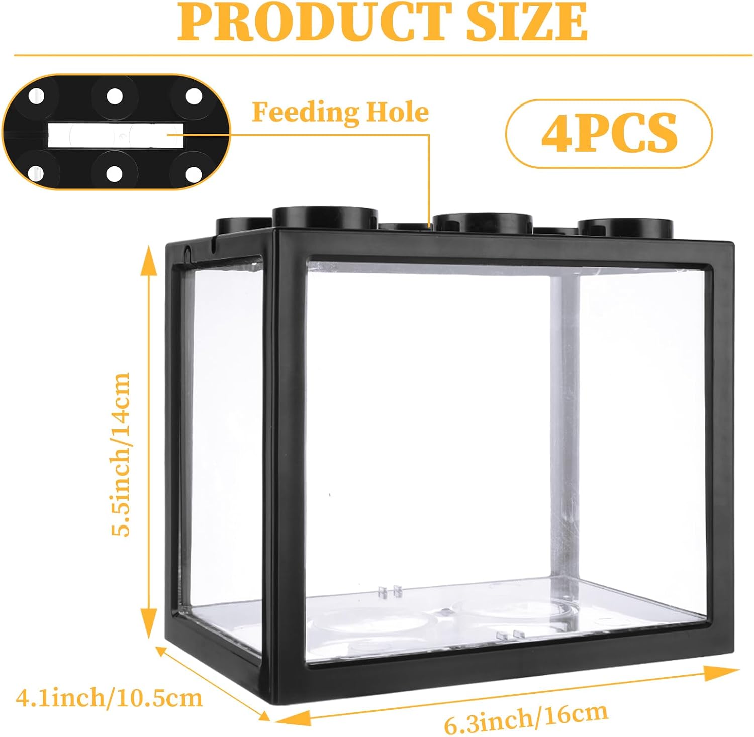 QTLCOHD 4Pcs Small Betta Fish Tank, 0.6 Gallon Stackable Mini Aquarium Tank, Rectangular Fish Bowl for Turtle, Reptile, Shrimp, Crab, Insects, Decoration (Black), Clear