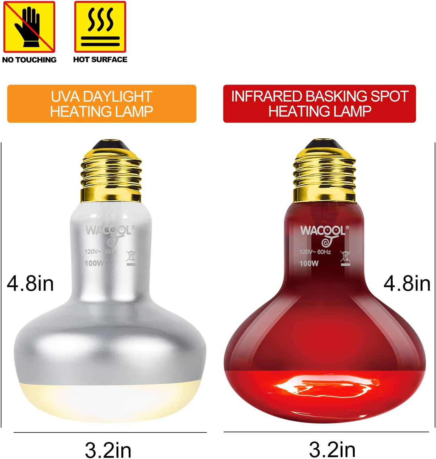 WACOOL 4Pack Reptile Heat Lamp Day & Night Kit 100W, Nature Simulated Basking Daylight & Nightlight UVA Heat Lamp Bulbs for Reptiles & Amphibians