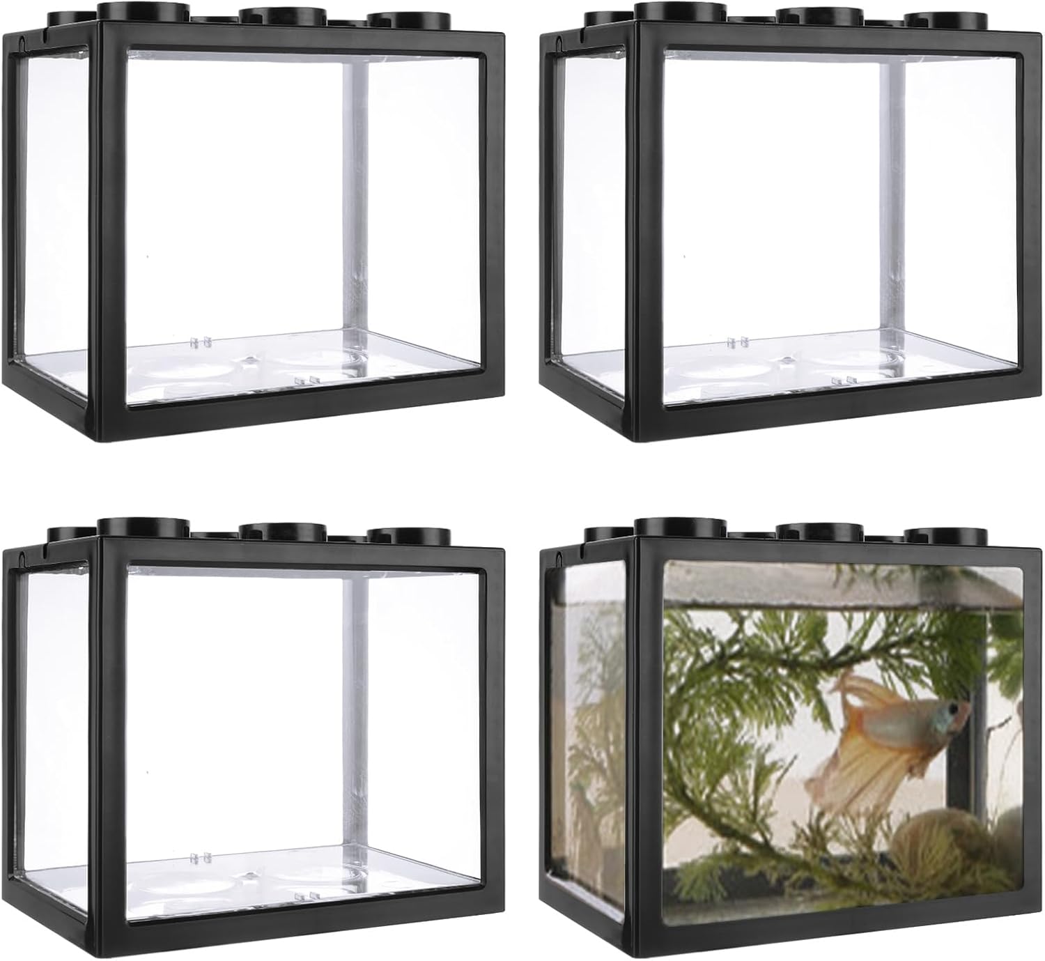 4PCS Plastic Small Betta Fish Tank, 0.6 Gallon Stackable Fish Bowl, Cube Fish Aquarium Tank for Shrimp, Turtle, Small Crab (Black)