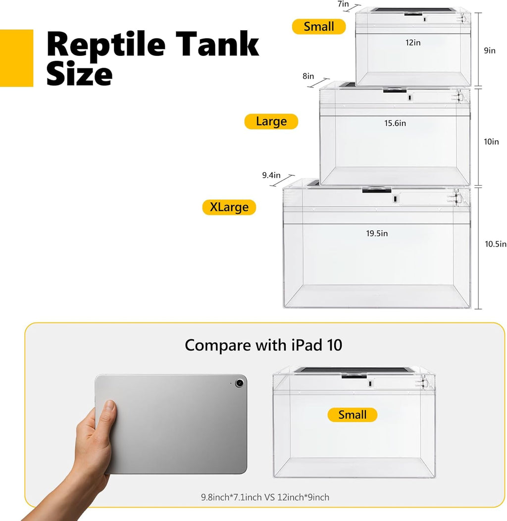 HELIME Reptile Polycarbonate Terrarium Kit 7 Piece Starter Habitat for Tarantula,Lizards,Frogs,Geckos,or Hermit Crabs,Tank with Escape-Proof Locking Lid,Light,Hygrometer,Hide,Tweezer,Bowl,Sprayer L