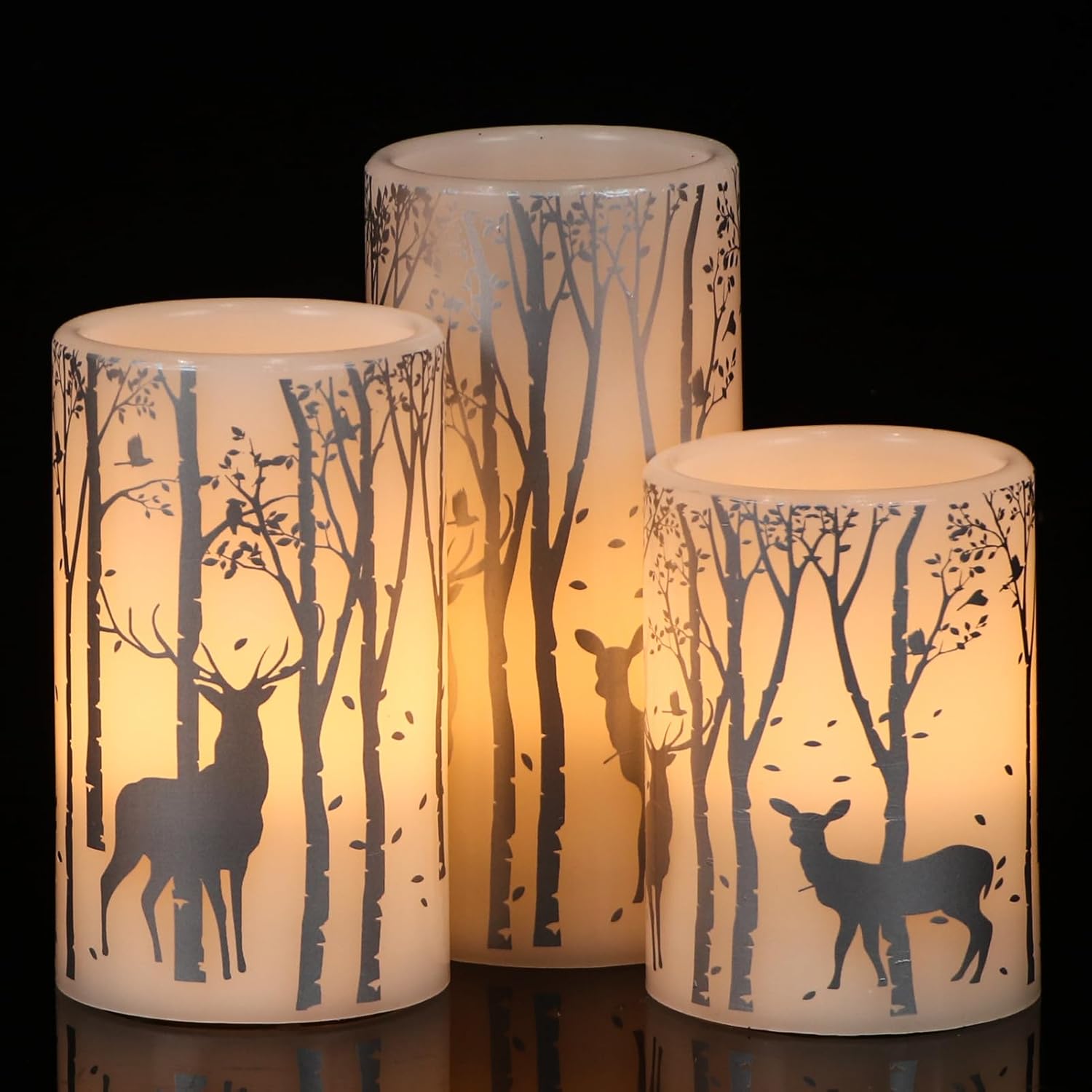 GenSwin Flameless Candles with Timer, Christmas LED Flickering Candles Real Wax with Silver Deer Decals, 3 Pack Pillar Fake Candle for Winter Indoor Fireplace Christmas Decor(D3” x H4”5”6”)
