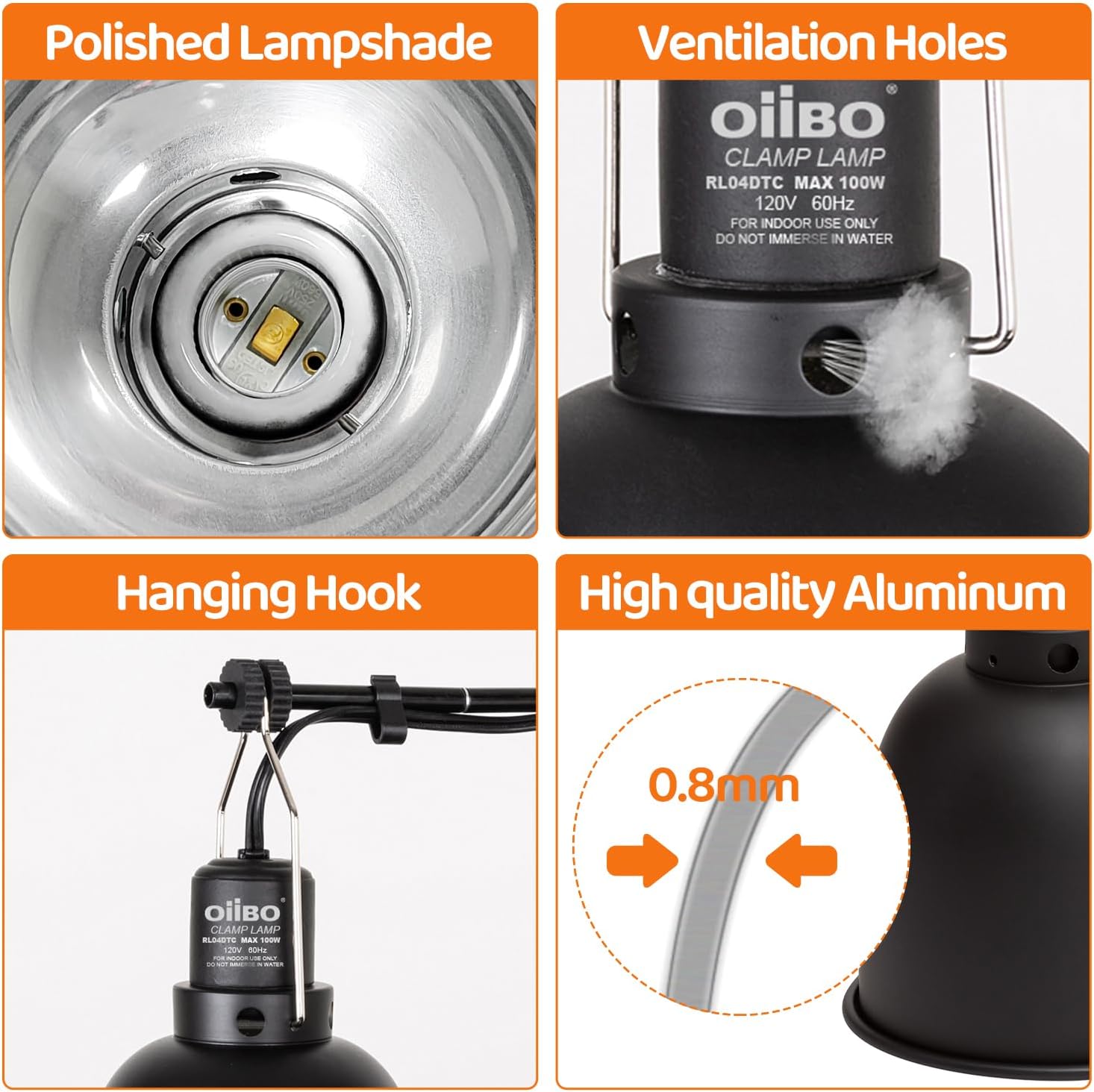 Oiibo Reptile Light Fixture with Dimming Thermostat, 5.5 Inch Deep Dome Lamp Fixture, PID Temperature Controller for Reptile Heat Lamp Bulb, Max 100W