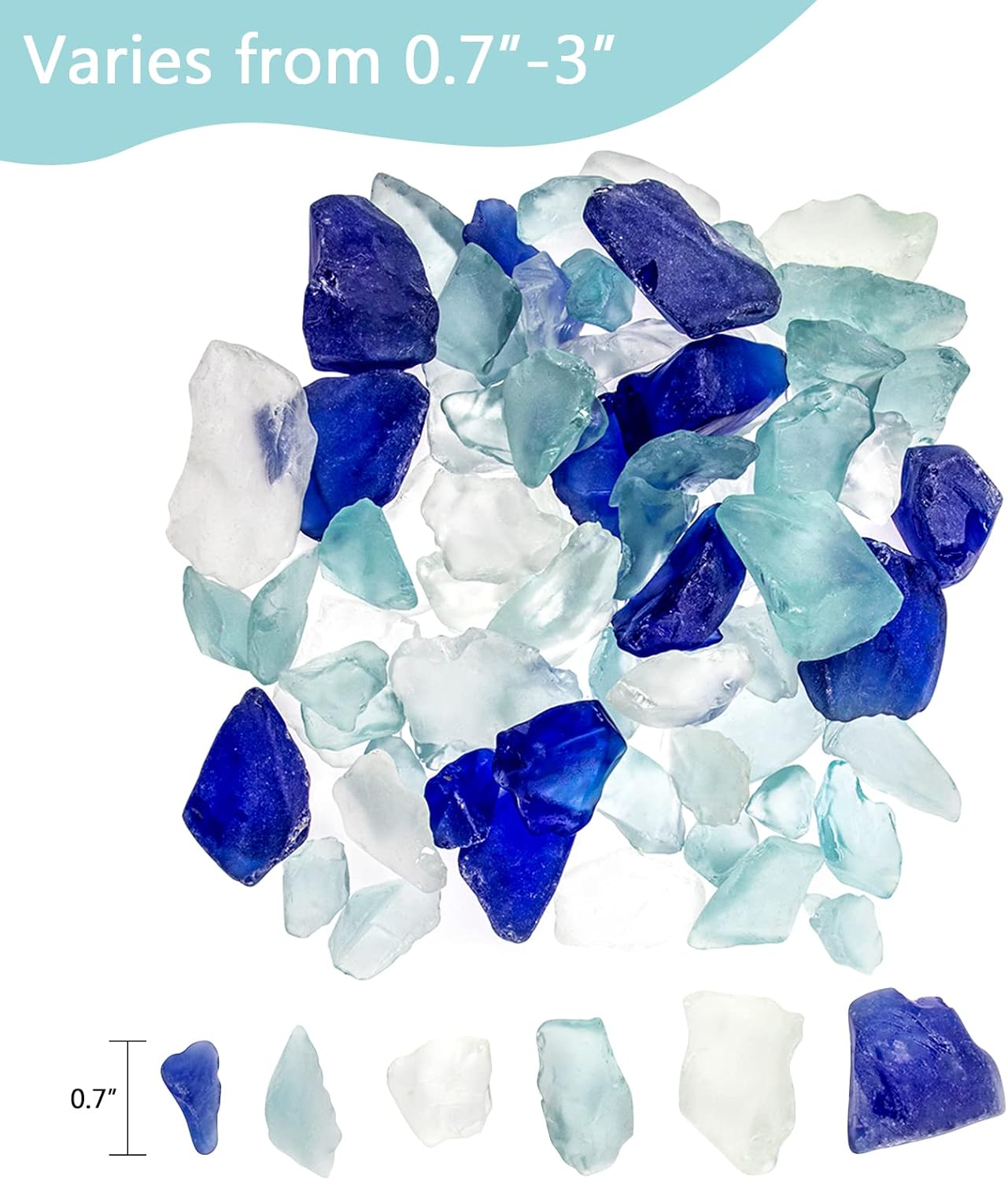 5LB Frosted Sea Glass Vase fillers Crushed Glass, Sea Glass Decor Ideal for Christmas DIY Craft, Aquarium Gravels, Home Decor Crushed Sea Glass Pieces for Beach Wedding, 0.7-3 Inch Mixed Blue