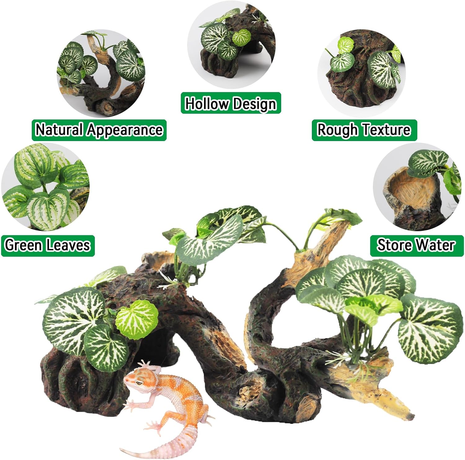 PINVNBY Branches for Reptiles,Crested Gecko Resin Climbing Tree Branch with Hideout Cave Bearded Dragon Tank Accessories Lizard Terrarium Habitat Plant Decorations for Snake Gecko Spider Frog(Green)