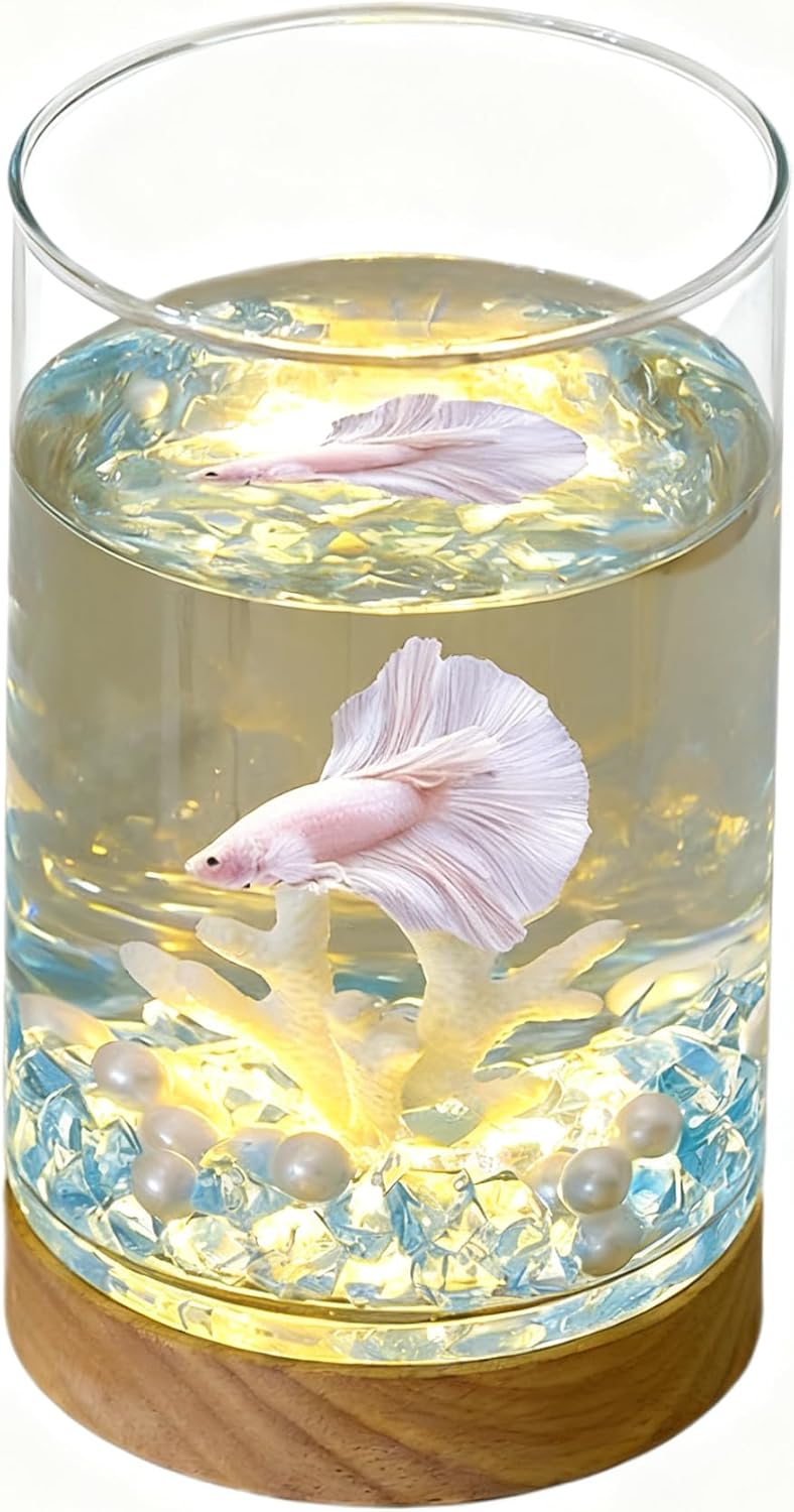 Small Betta Fish Tank with Warm Light & Decor, 0.4 Gallon Clear Glass Aquarium/Vase/Hydroponic Plant Terrarium, Complete Starter Kit for Desk, Ideal Gift for Kids