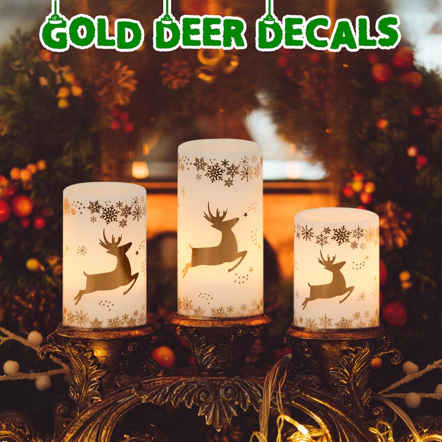 GenSwin Christmas Flameless LED Flickering Candles, Real Wax, Gold Deer, 3 Pack Pillar Fake Candles for Winter Indoor Fireplace Decor (D3' x H4'5'6')