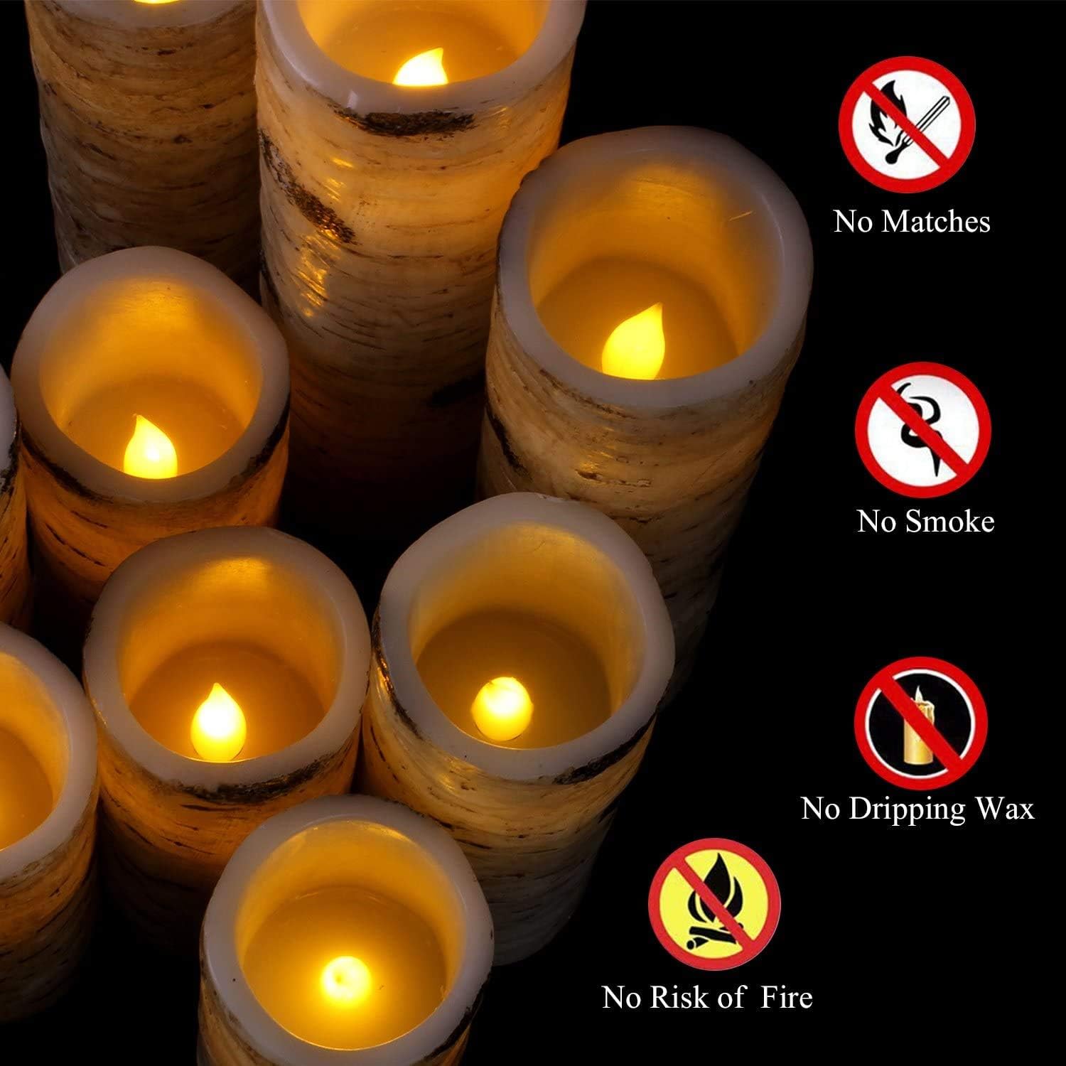 Flameless Flickering LED Candles with Birch Bark Effect - Set of 9 Battery-Operated Real Wax Pillar with 10-Key Remote Control - 2/4/6/8 Hour Timer