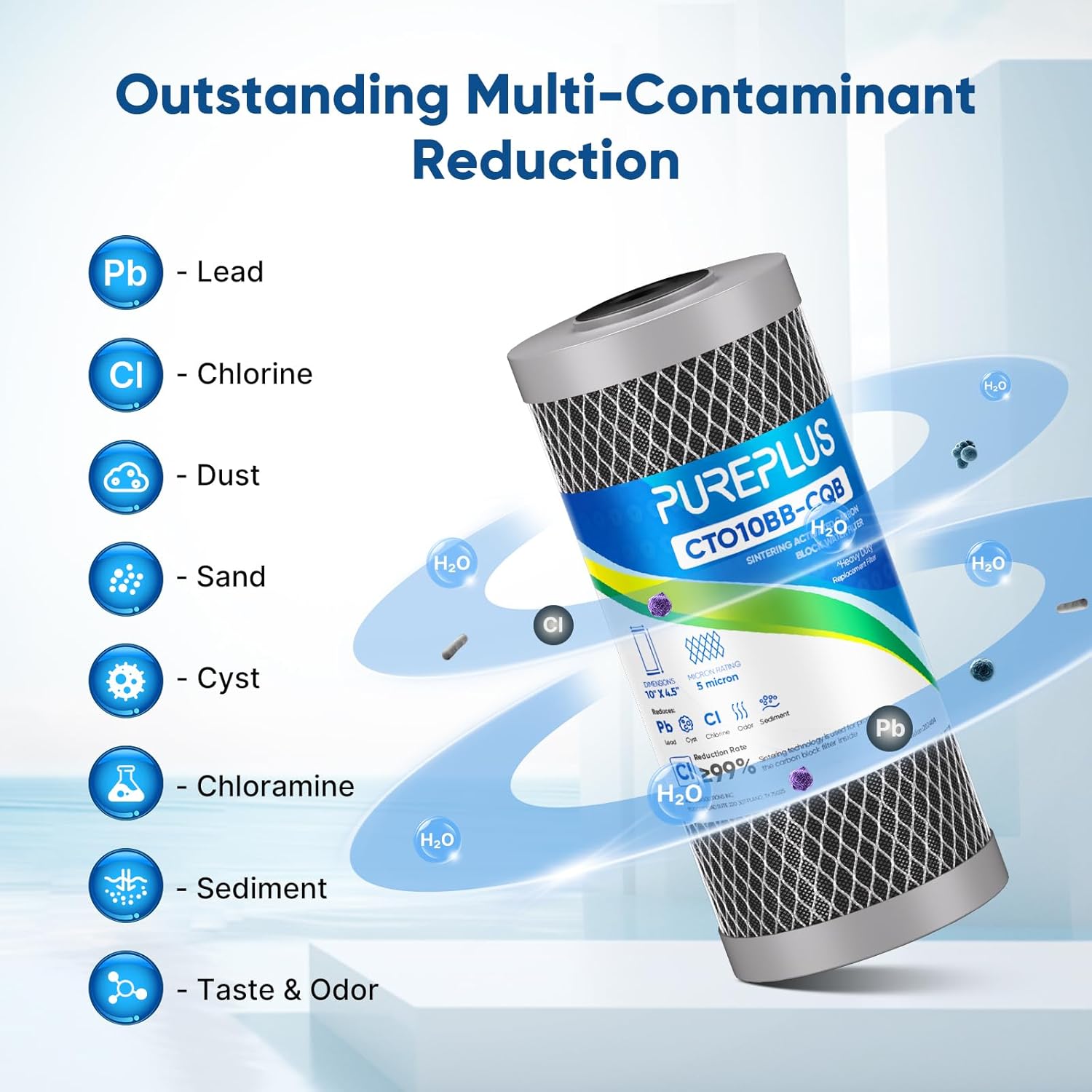 PUREPLUS 5 Micron 10" x 4.5" Whole House Activated Carbon Water Filter, Enhanced Lead Removal Carbon Replacement Cartridge, Compatible with GE GXWH40L, GXWH35F, BB10, FXHTC, FC15B, CTO10BB-CQB, 2PACK