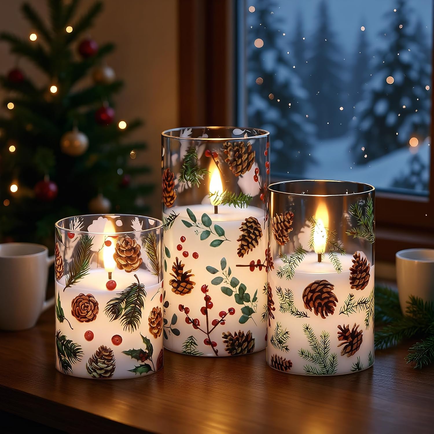 GenSwin Christmas Flameless Candles Battery Operated with Pinecone Decals, 3 Pcs Glass Flameless Candles with Remote Timer and 3D Flickering Flame for Christmas Holiday Decor(Set of 3, D3” x 4”5”6”)