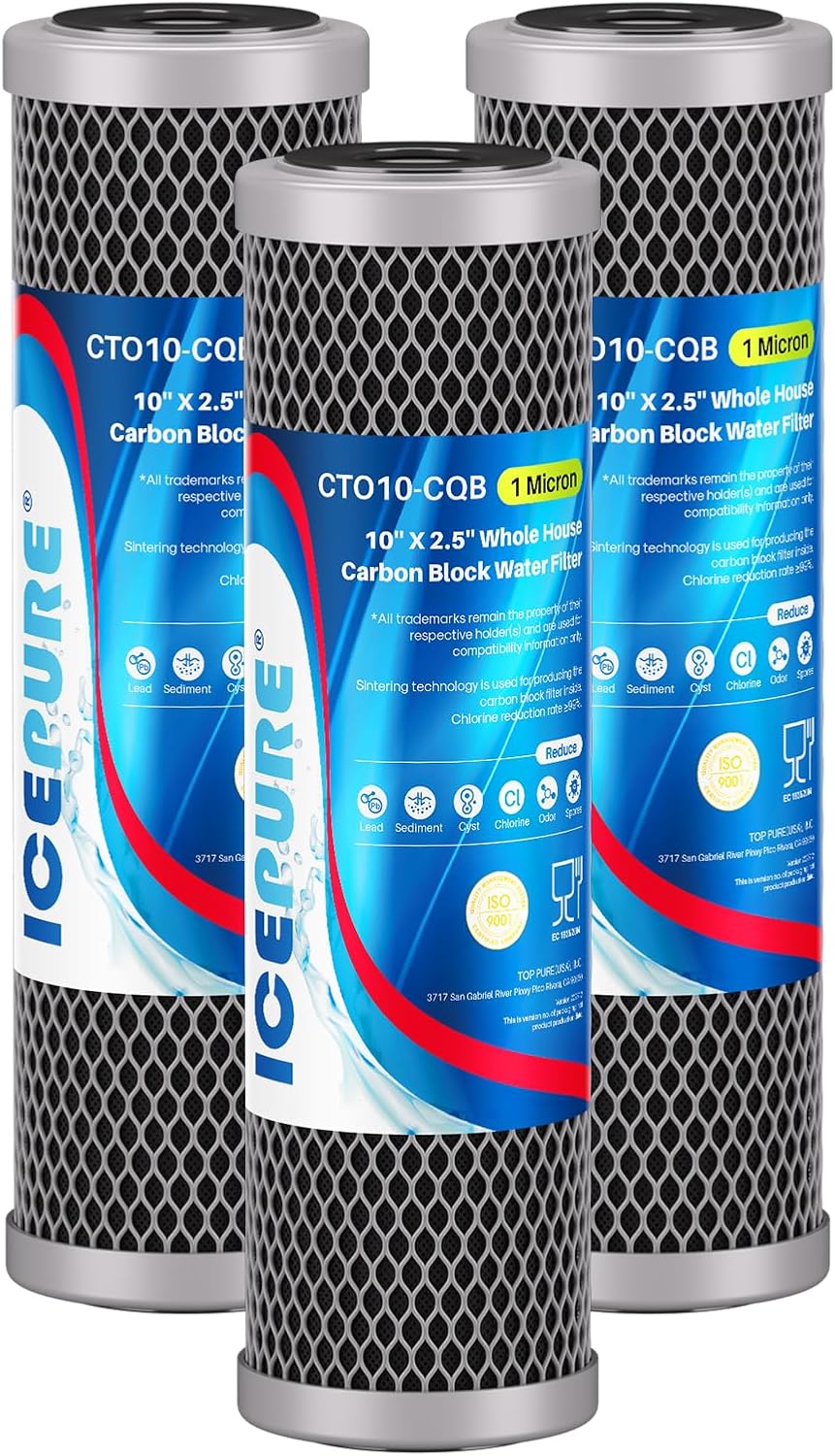 ICEPURE 1 Micron 10" x 2.5" Whole House Upgraded Coconut Shell Activated Water Filter Lead Remove Filter Cartridge Replacement for WFPFC8002, SCWH-5, WHCF-WHWC, FXWTC, CTO10-CQB, RO Unit, 3PACK