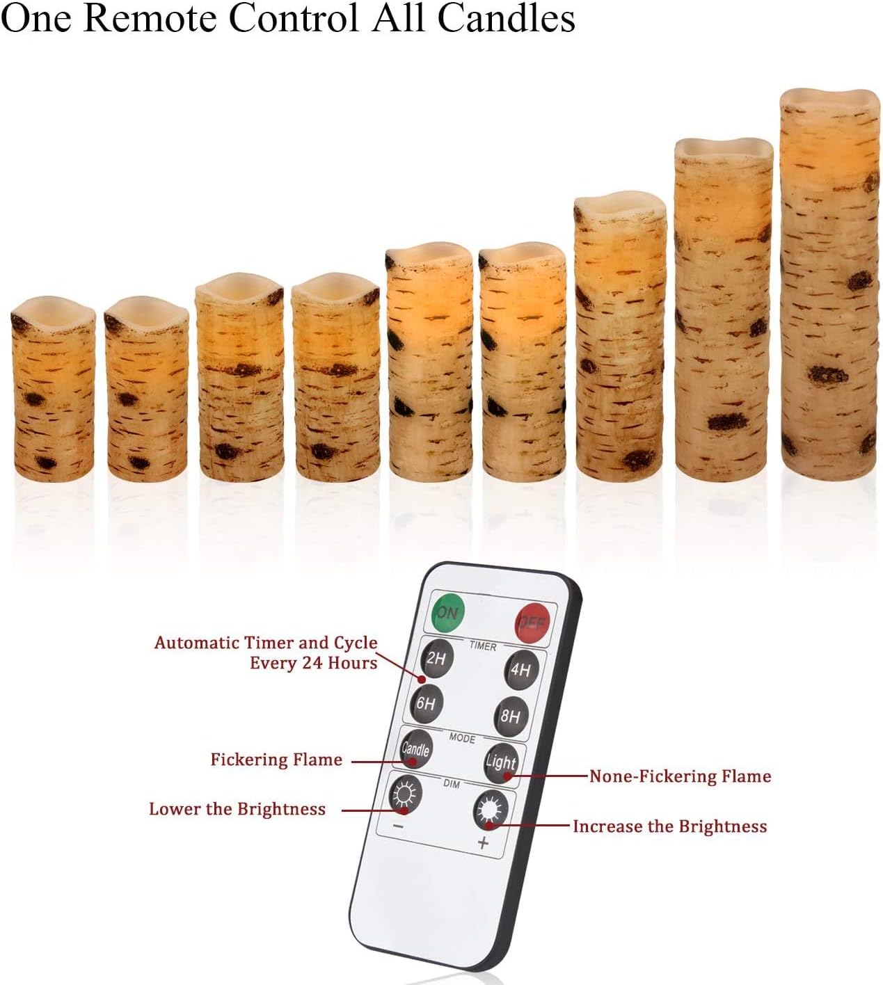 Flameless Flickering LED Candles with Birch Bark Effect - Set of 9 Battery-Operated Real Wax Pillar with 10-Key Remote Control - 2/4/6/8 Hour Timer