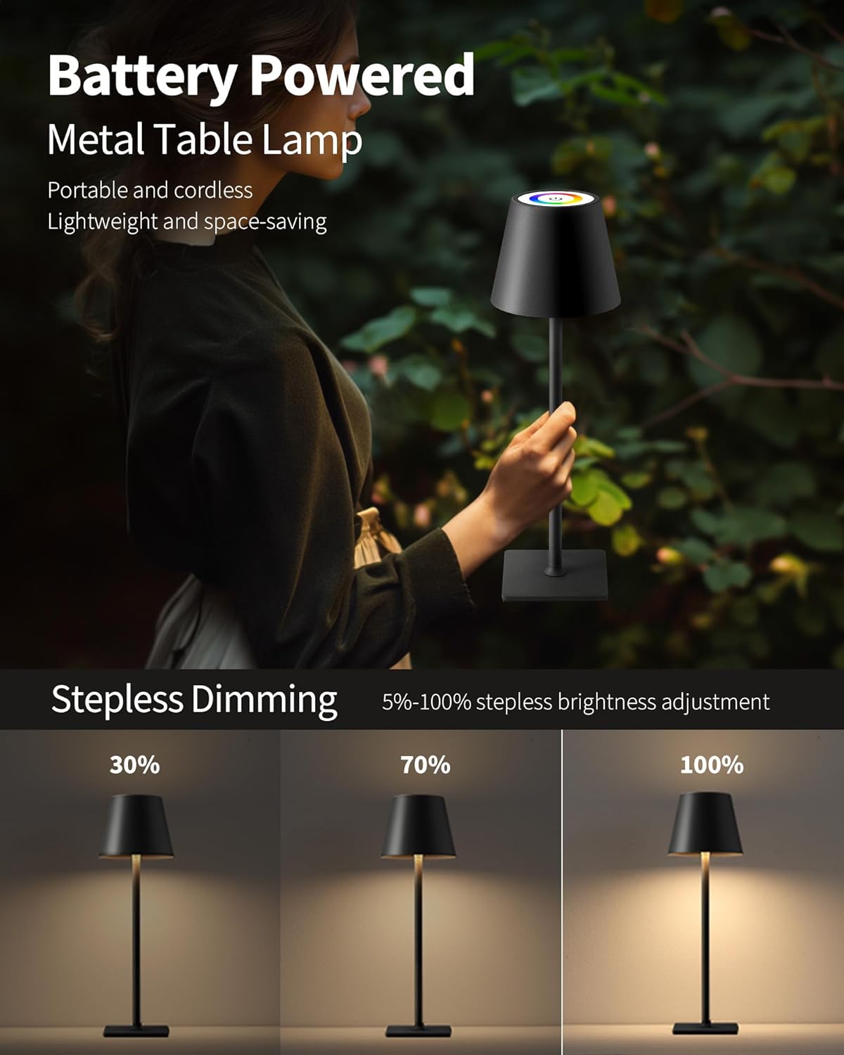KDG 2 Pack Cordless Table Lamp, RGB Color Stepless Dimming Up, 4000mAh Battery Operated Portable LED Desk Lamp, for Dinning Room, Bedroom, Bar, Outdoor Garden, Camping, Night Light (Black)