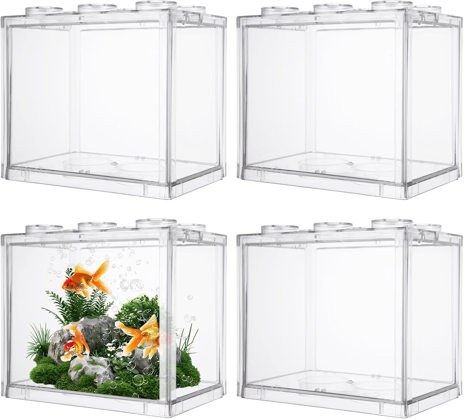 4PCS Plastic Small Betta Fish Tank, 0.6 Gallon Stackable Fish Bowl, Cube Fish Aquarium Tank for Shrimp, Turtle, Small Crab (Clear)