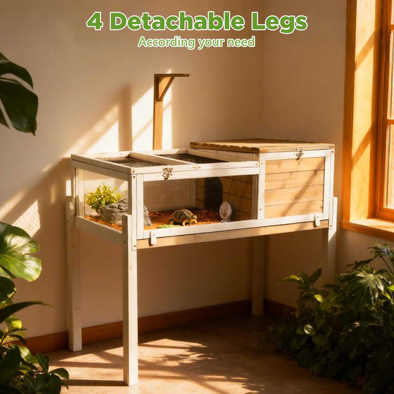 Standing Tortoise Habitat with Lamp Holder in Indoor & Outdoor, Wooden Turtle Enclosure Table with Detachable Legs, Leakproof Tray, Openable Roof for Tortle, Lizard, Chameleon, Grey