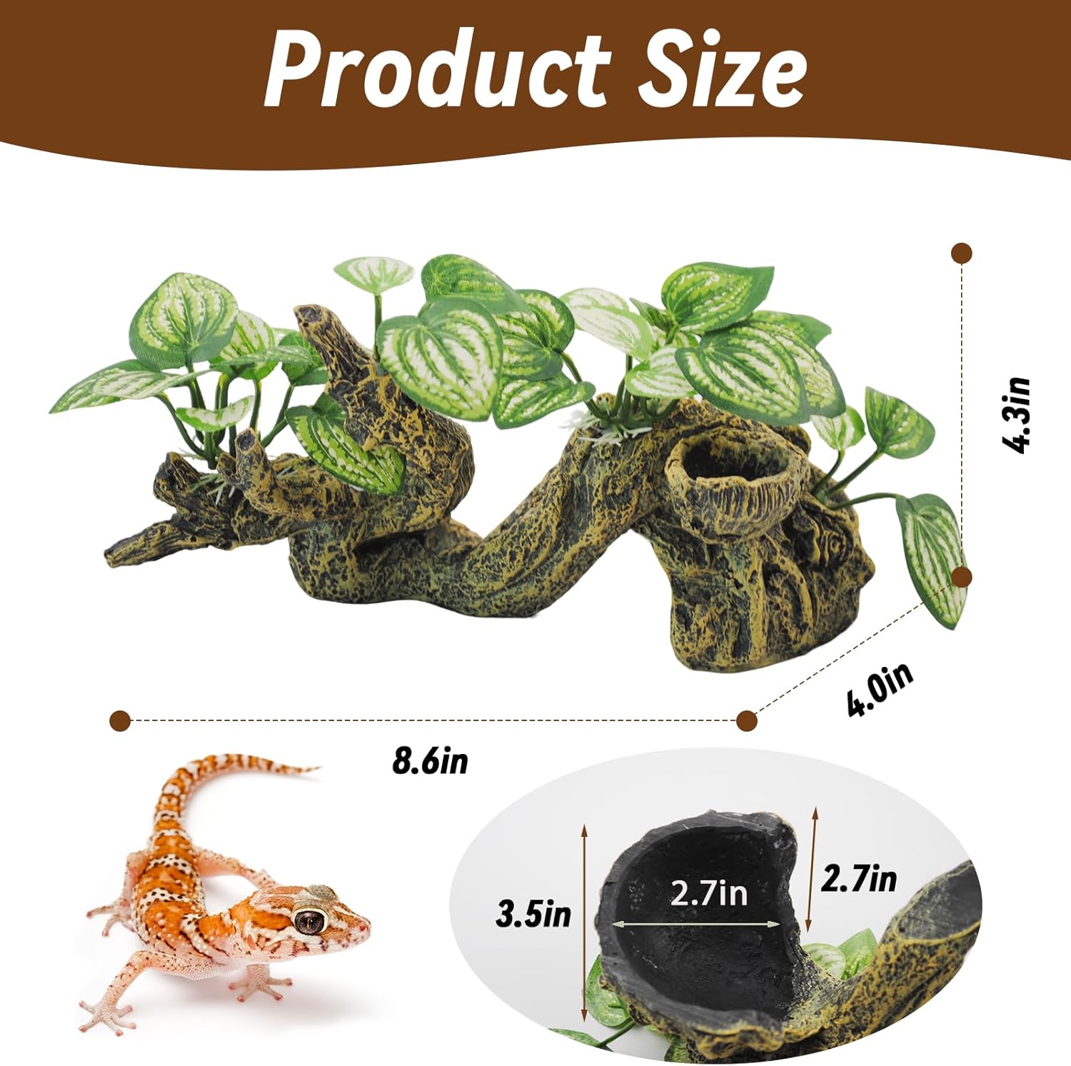 PINVNBY Resin Branch for Reptile Tank,Crested Gecko Climbing Branches with Hideout Cave Bearded Dragon Tank Accessories Lizard Terrarium Habitat Plant Decorations for Snake Gecko Spider Frog(Bronze)