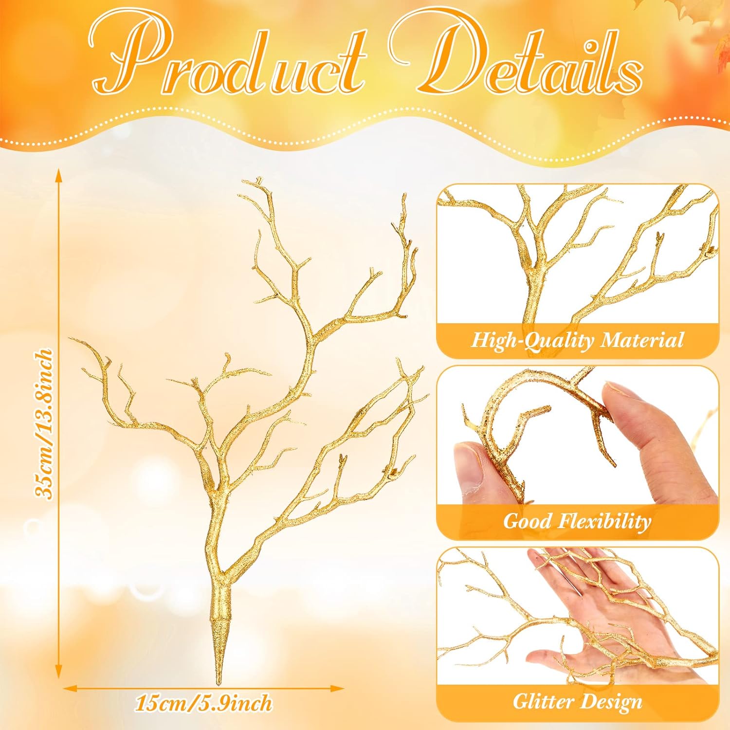 Geosar 13.8 Inch Small Manzanita Branches Plastic Faux Branches Artificial Antler Shaped Tree Branch Decorative Plant Twigs for Home Wedding Table Centerpiece Festival Decors(Glitter Gold,10 Pieces)