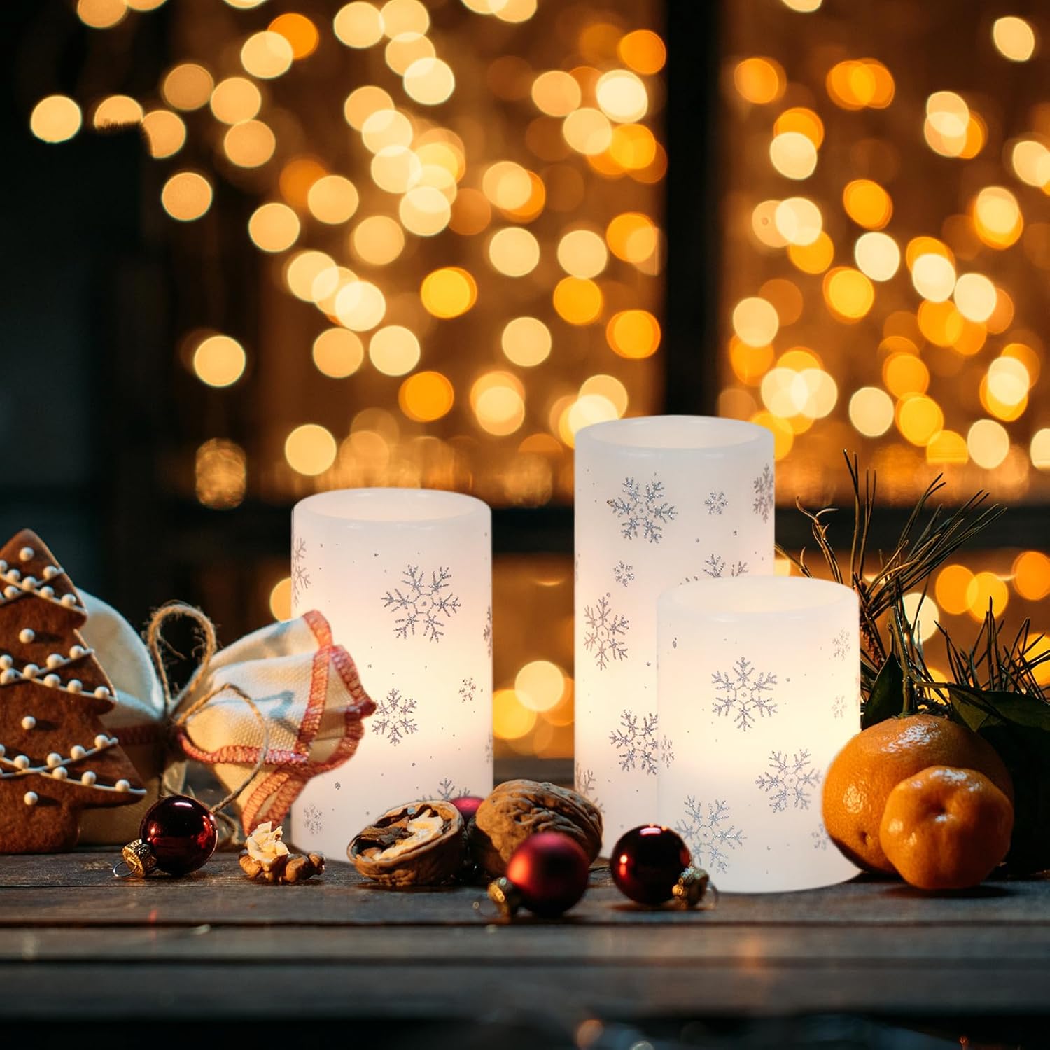 GenSwin Christmas Flameless Candles with Timer, LED Flickering Candles Real Wax with Silver Snowflake Decals, 3 Pack Pillar Candle for Winter Indoor Fireplace Christmas Decor(D3” x H4”5”6”)