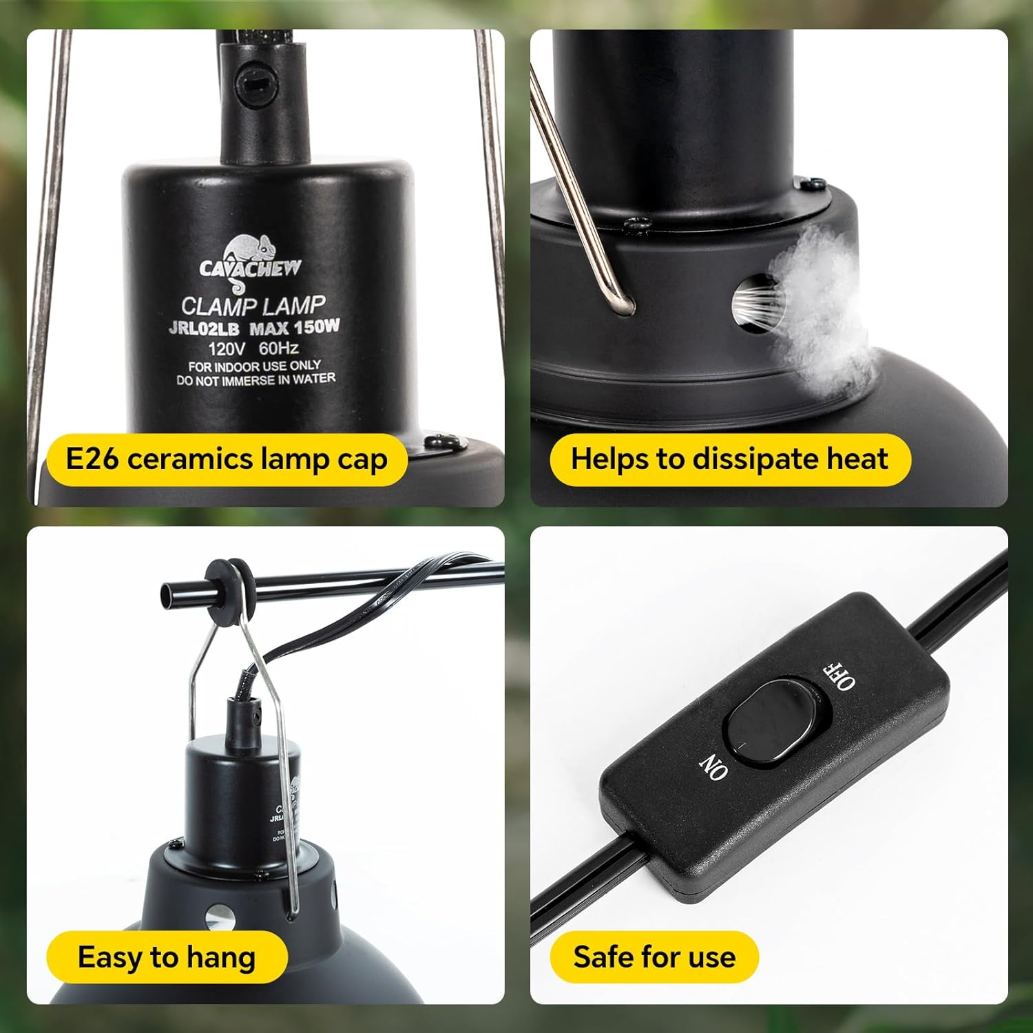 Reptile Light Fixture, 8.1in Deep Dome Reptile Heat Lamp Fixture with Switch, Terrarium UVB Basking Light Fixture for Bearded Dragon Snake Chameleon Lizard, Suitable for E26 Bulbs Up to 150W