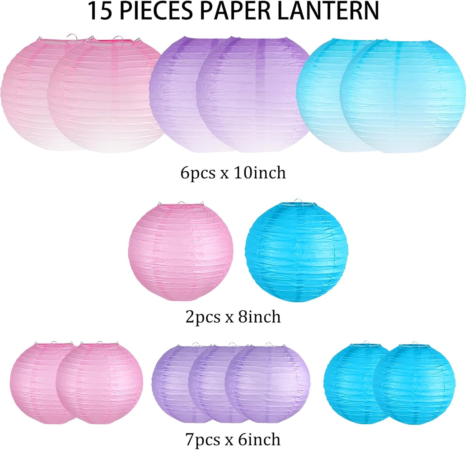 Paper Lanterns Decorative, Gradient Blue Purple Pink Round Hanging Paper Lantern Decorations for Under The Sea Theme Birthday Party, Wedding, Baby Shower, Home Decor, 15Pcs