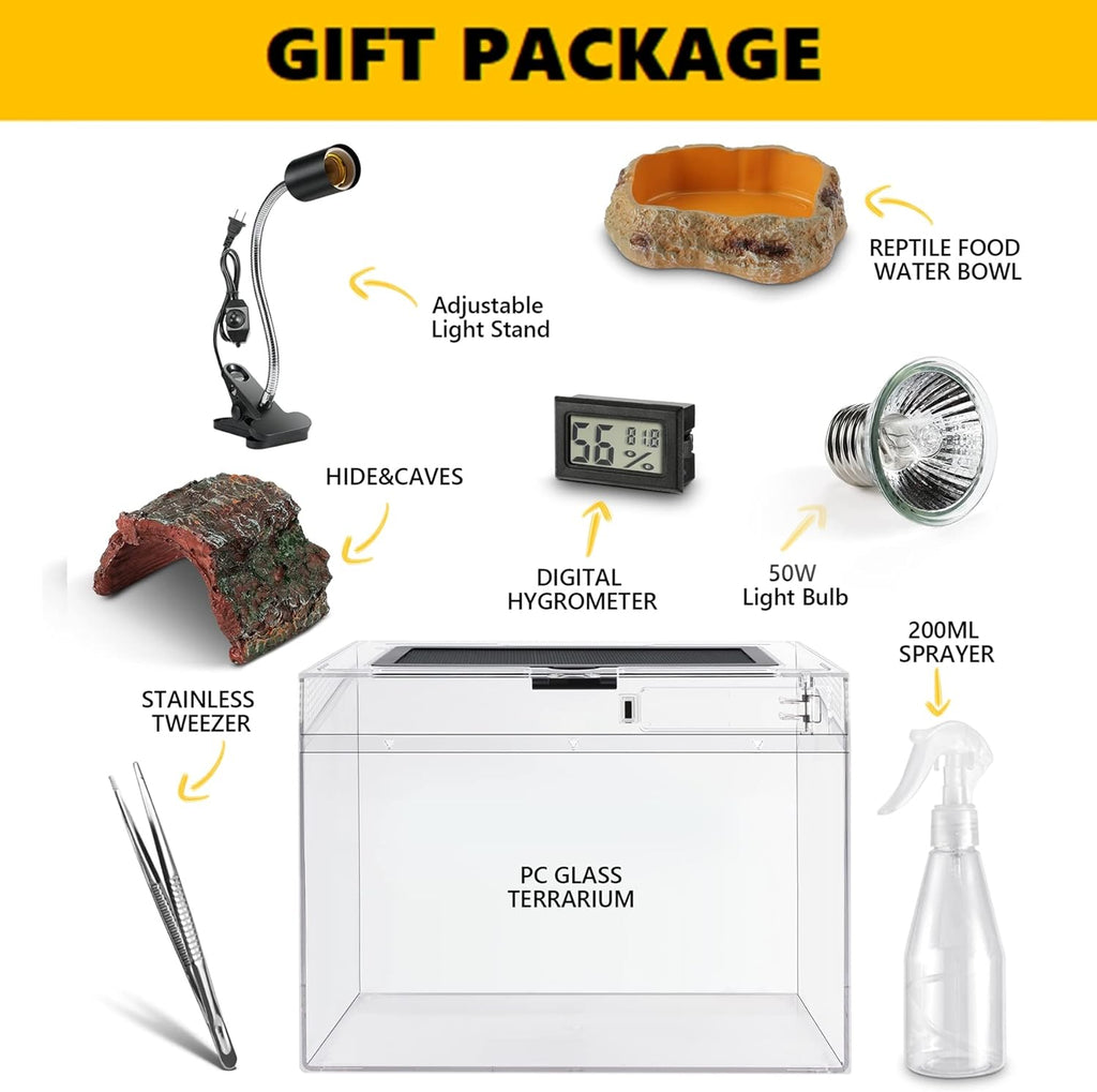 HELIME Reptile Polycarbonate Terrarium Kit 7 Piece Starter Habitat for Tarantula,Lizards,Frogs,Geckos,or Hermit Crabs,Tank with Escape-Proof Locking Lid,Light,Hygrometer,Hide,Tweezer,Bowl,Sprayer