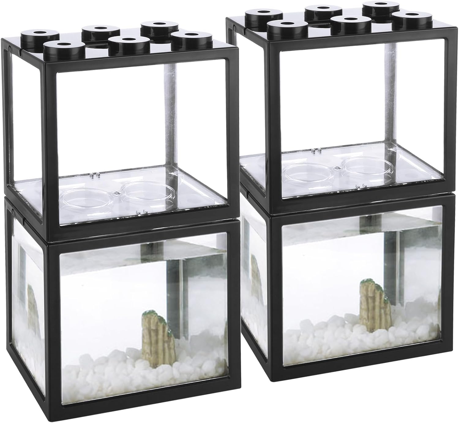 QTLCOHD 4Pcs Small Betta Fish Tank, 0.6 Gallon Stackable Mini Aquarium Tank, Rectangular Fish Bowl for Turtle, Reptile, Shrimp, Crab, Insects, Decoration (Black), Clear