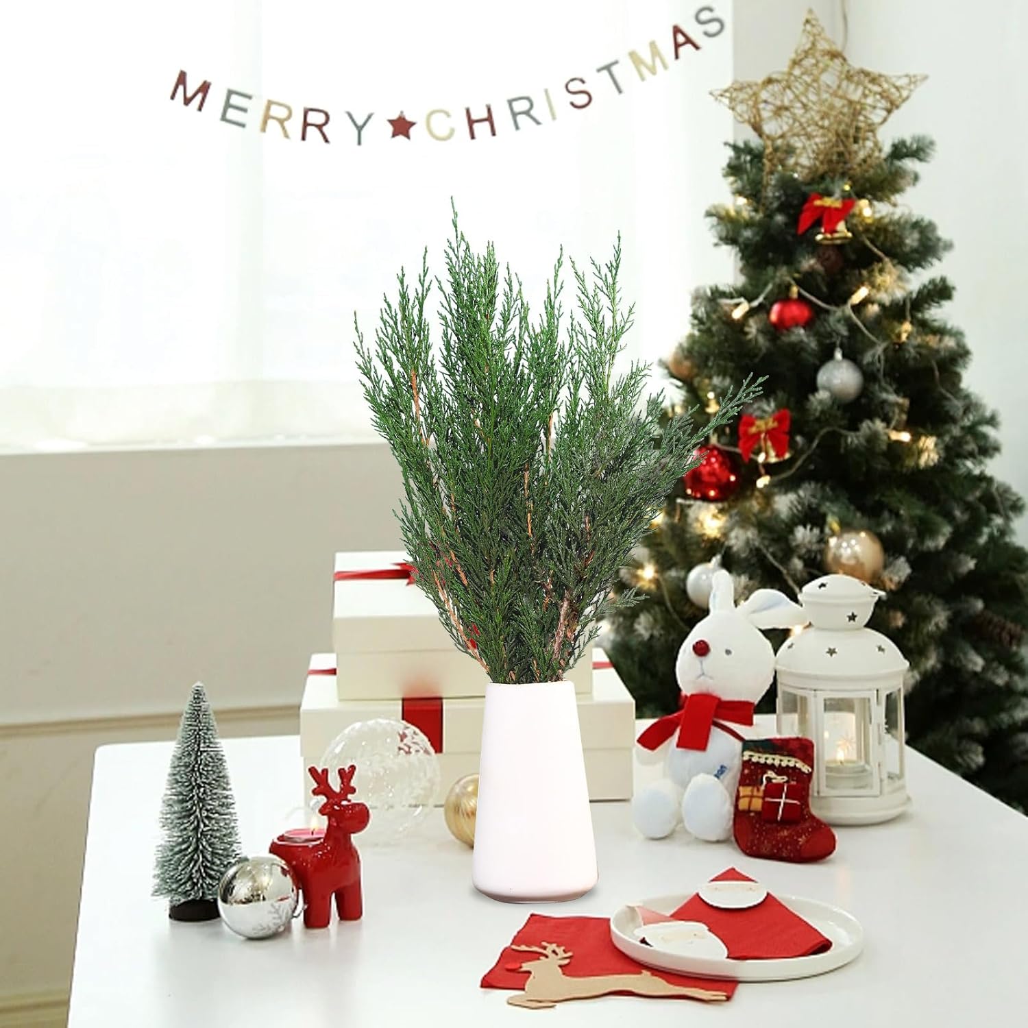 Preserved Real Pine Leaves Branches, 17'' Natural Pine Needles Green Plants, 3.5OZ Greenery Twigs Stems, Evergreen Picks for Christmas Garland Wreath Home Wedding Decor Floral Arrangements