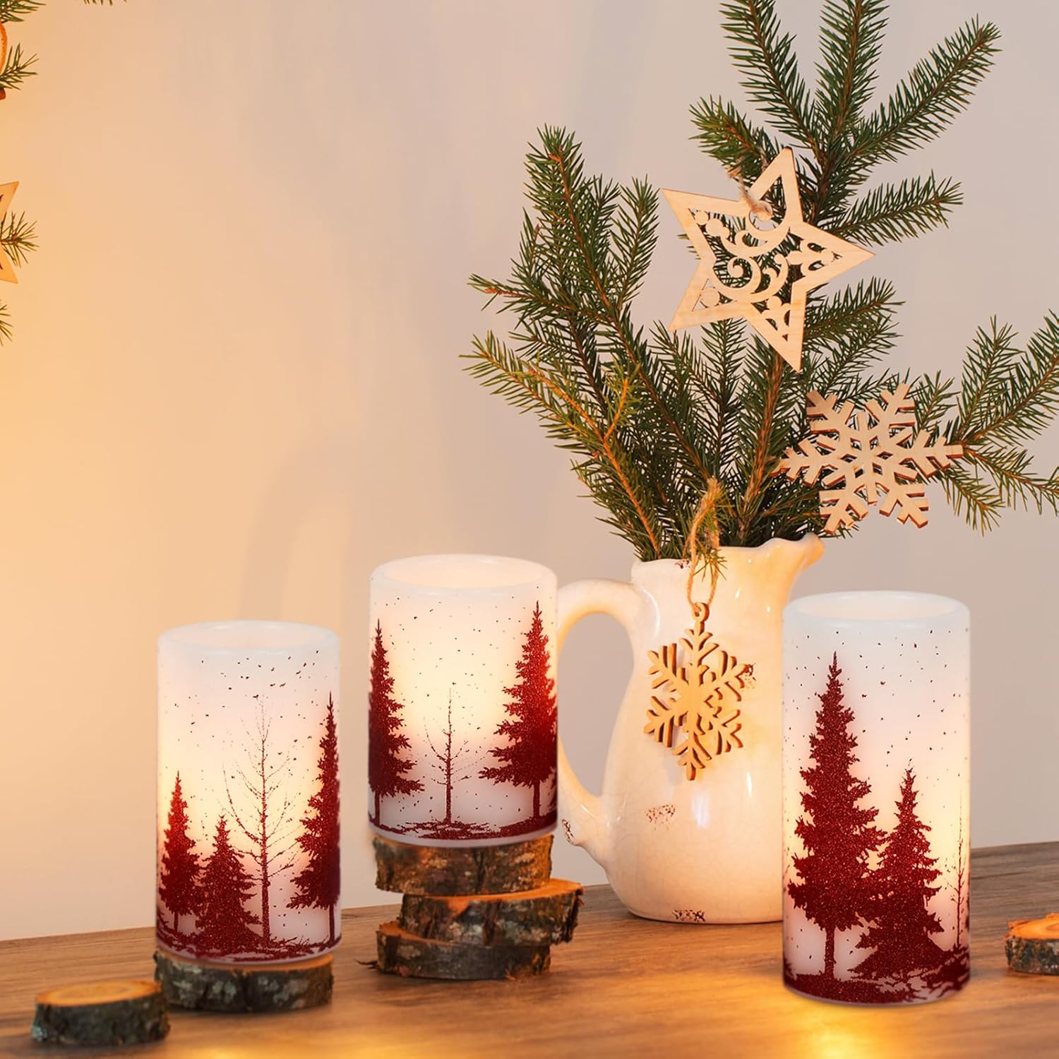 GenSwin Christmas Flameless Candles with Timer, Red Christmas Tree LED Flickering Candles Real Wax, 3 Pack Pillar Fake Candle for Winter Indoor Fireplace Christmas Decor Table(D3” x H4”5”6”)