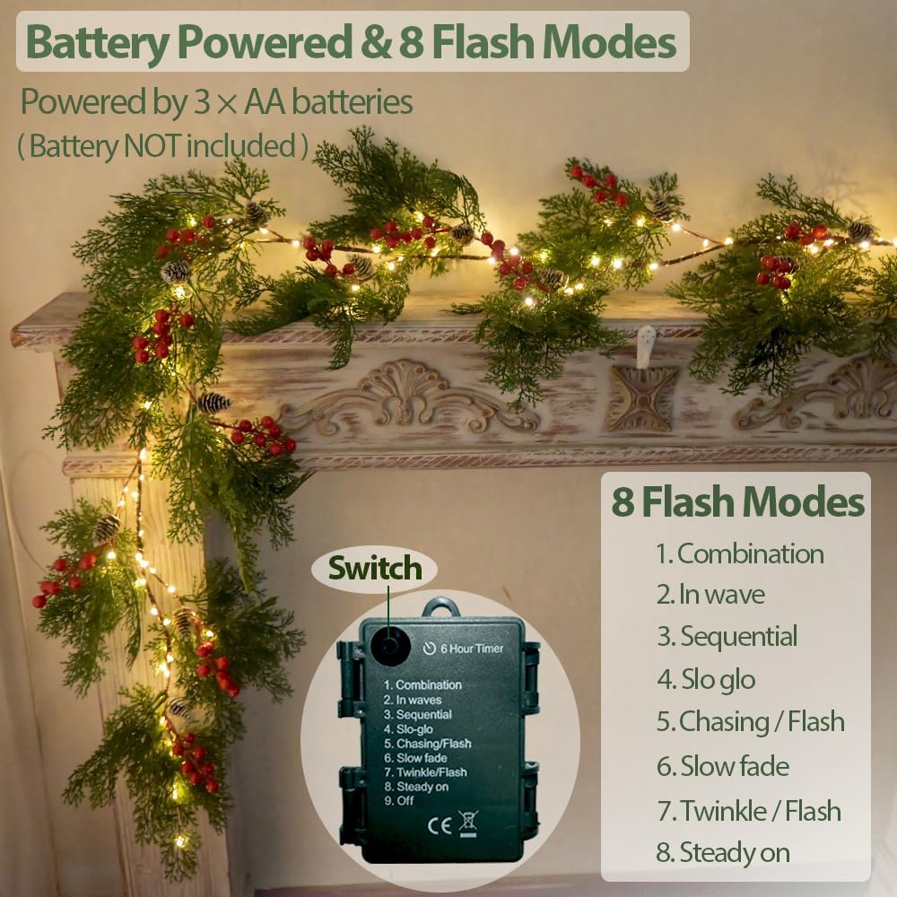 2025 New 6.56FT Christmas Garland Lights with 96 LED 8 Flash Modes Battery Operated Cypress Garland with Timer Lighted Xmas Pine Garland Christmas Decor for Mantle Fireplace Table Stairs Holiday