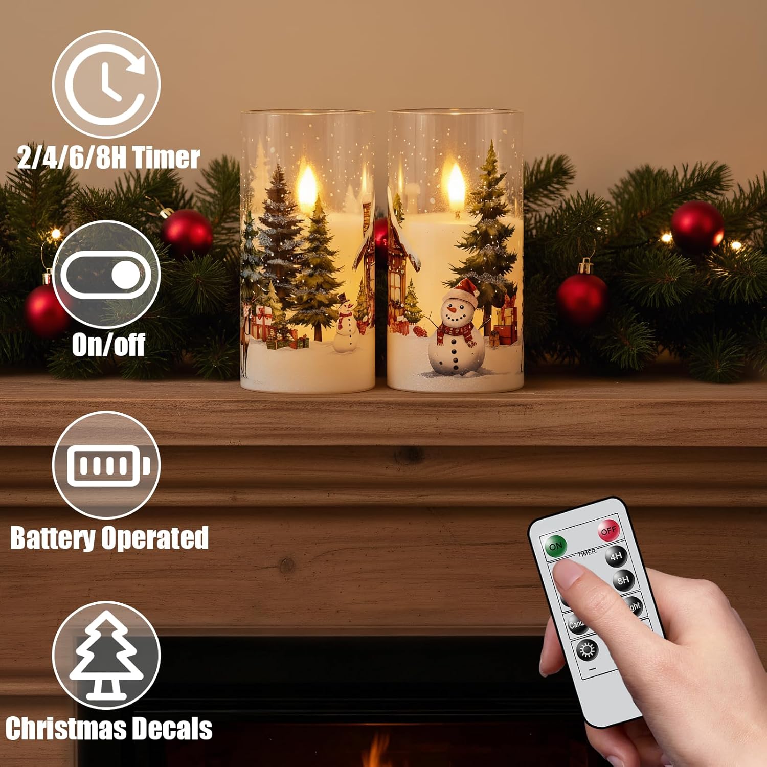GenSwin Christmas Flameless Candles with Remote Timer, Set of 2 Christmas LED Glass Battery Operated Candles with Cedar, Snowman, Reindeer, Snowy House Decals for Holiday Winter Home Decor(D3” x H6”)