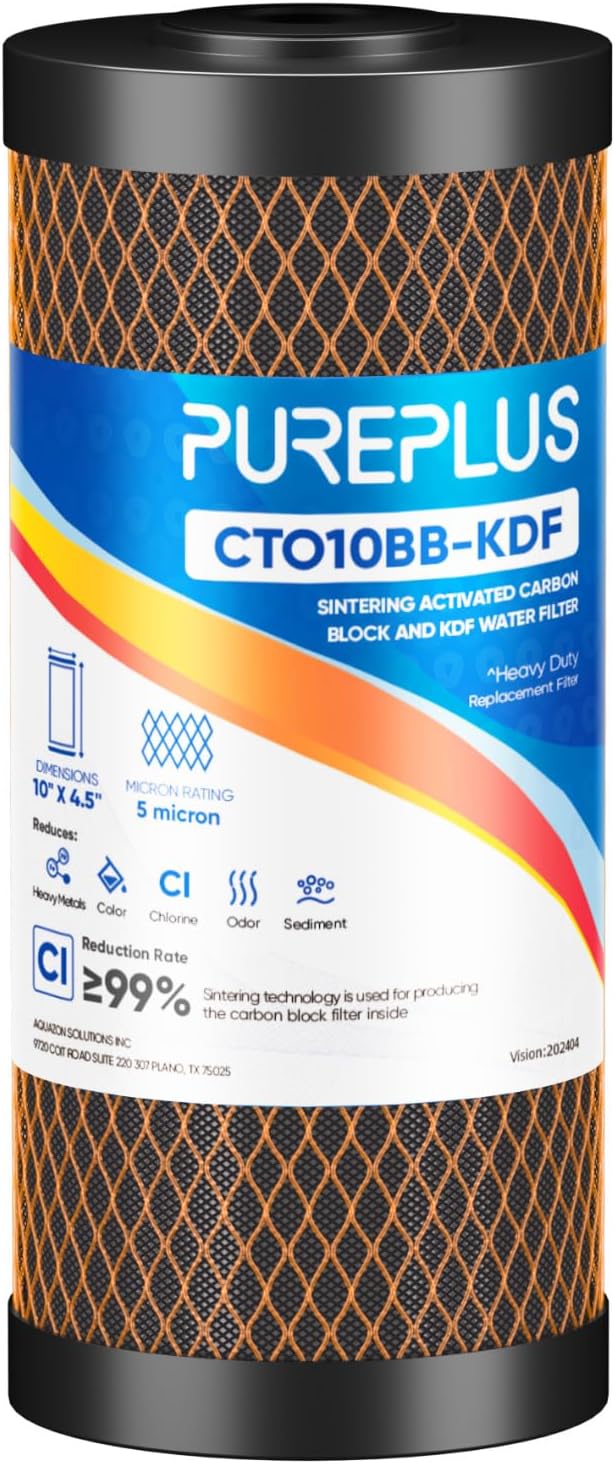 PUREPLUS 5 Micron 10" x 4.5" Whole House Coconut Shell Activated Carbon and KDF Water Filter, Heavy Metal Removal Replacement Water Filter, Compatible with GXWH40L, GXWH35F, BB10, CTO10BB-KDF, 1 PACK