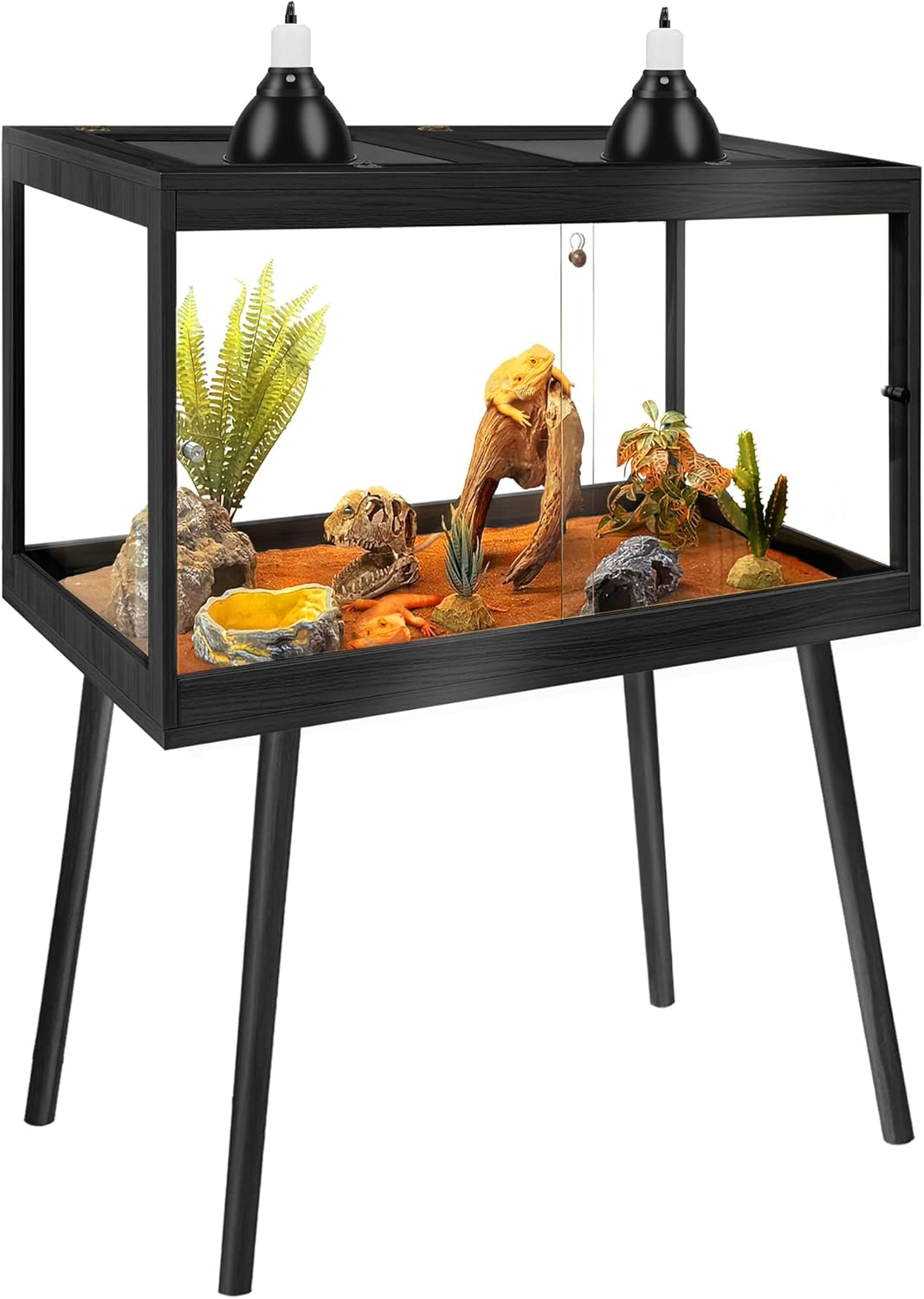 PROLEE Tempered Glass Reptile Enclosure with Leg,24“ Scratch-Proof Bearded Dragon Tank,28 Gallon Lizard Tank with Metal Mesh Tops and Lockable Door,Spacious Reptile Habitat for Snake,Tortoises (Black)