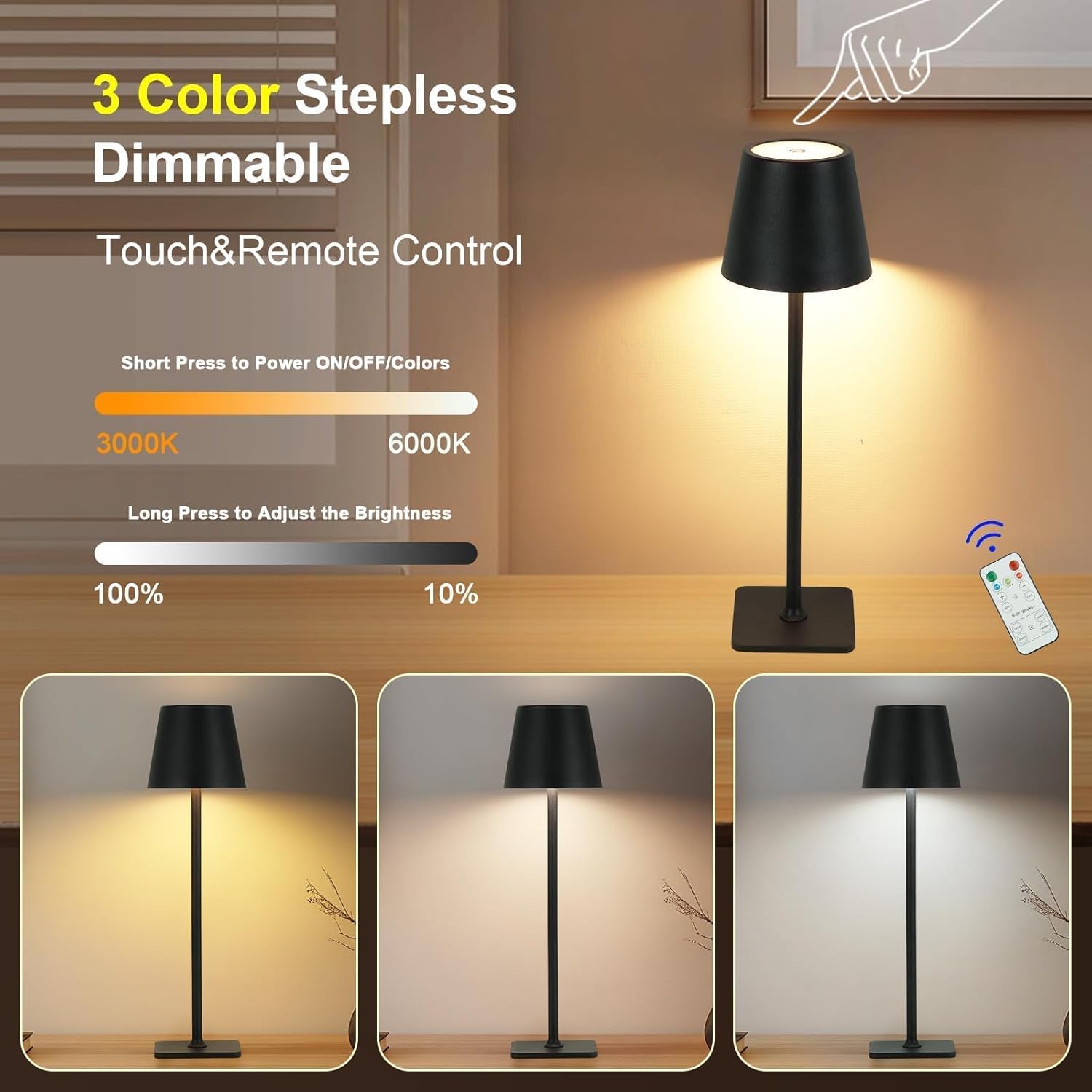 Cordless Table Lamp with Timer, Czgor Rechargeable 5200mAh Battery Operated Lamp with Remote, Adjustable Height, 3-Color Stepless Dimming, Small LED Table Lamp for Bedroom Dining Office Outdoor(Black)