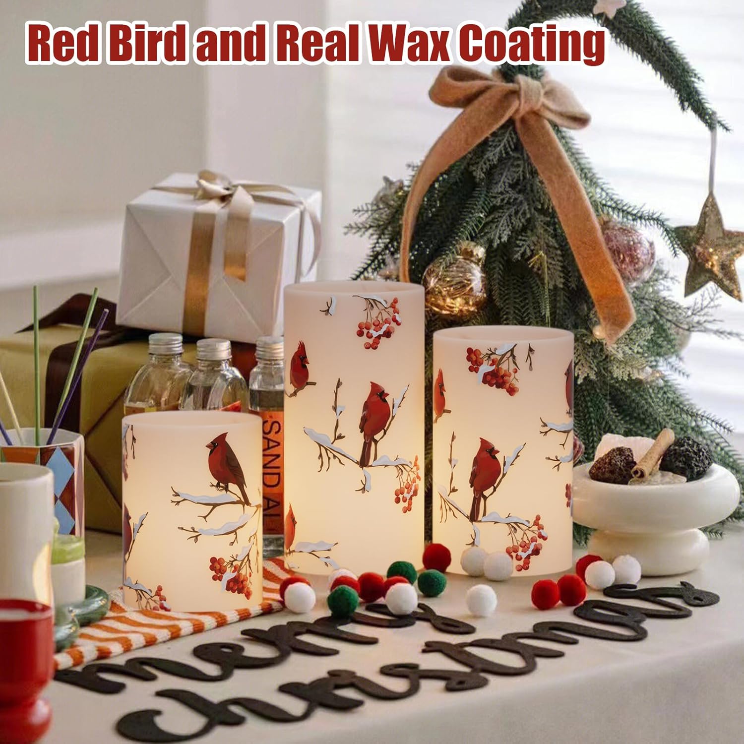 GenSwin Red Bird Flameless Candles with Timer, LED Candles with 3D Wick, Real Wax Pillar Candles for Halloween Christmas Indoor Decorations(D3” x H4”5”6”)