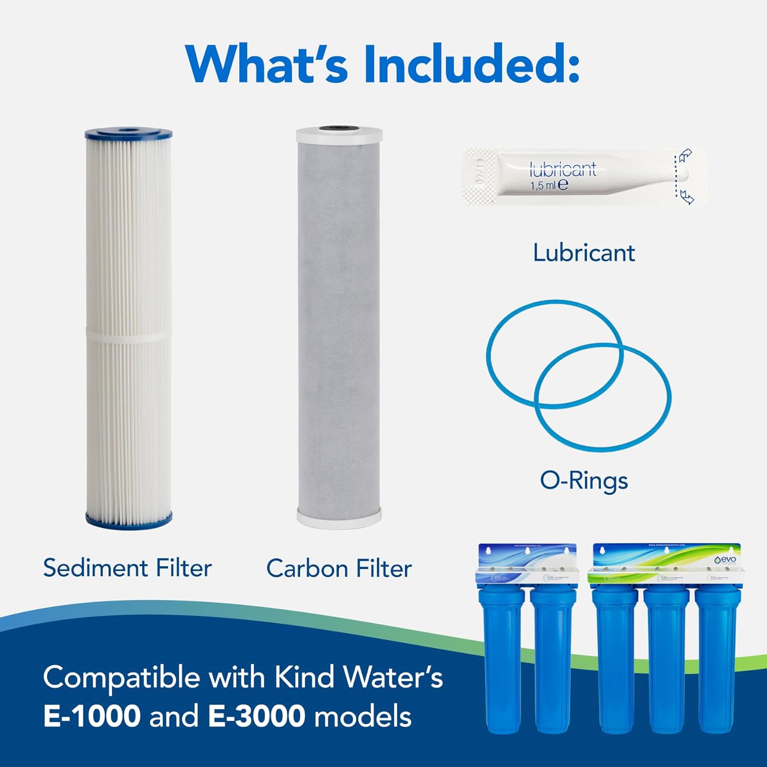 Kind Water 5-Micron Sediment & Carbon Replacement Filters – Fits Kind & Evo E-1000/E-3000 Whole House Water Systems – Includes O-Ring Kit & Lubrication – 6-12-Month Filter Refill